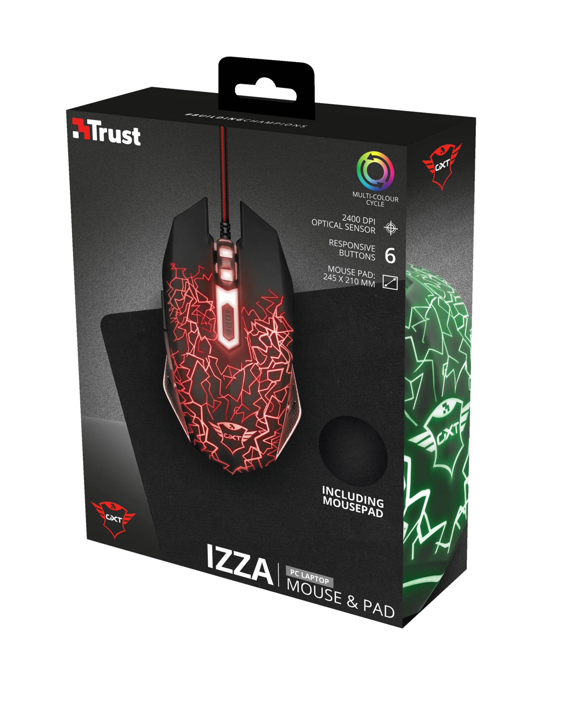 Mouse e tappetino da gioco neri in una scatola, luci rosse e verdi.
