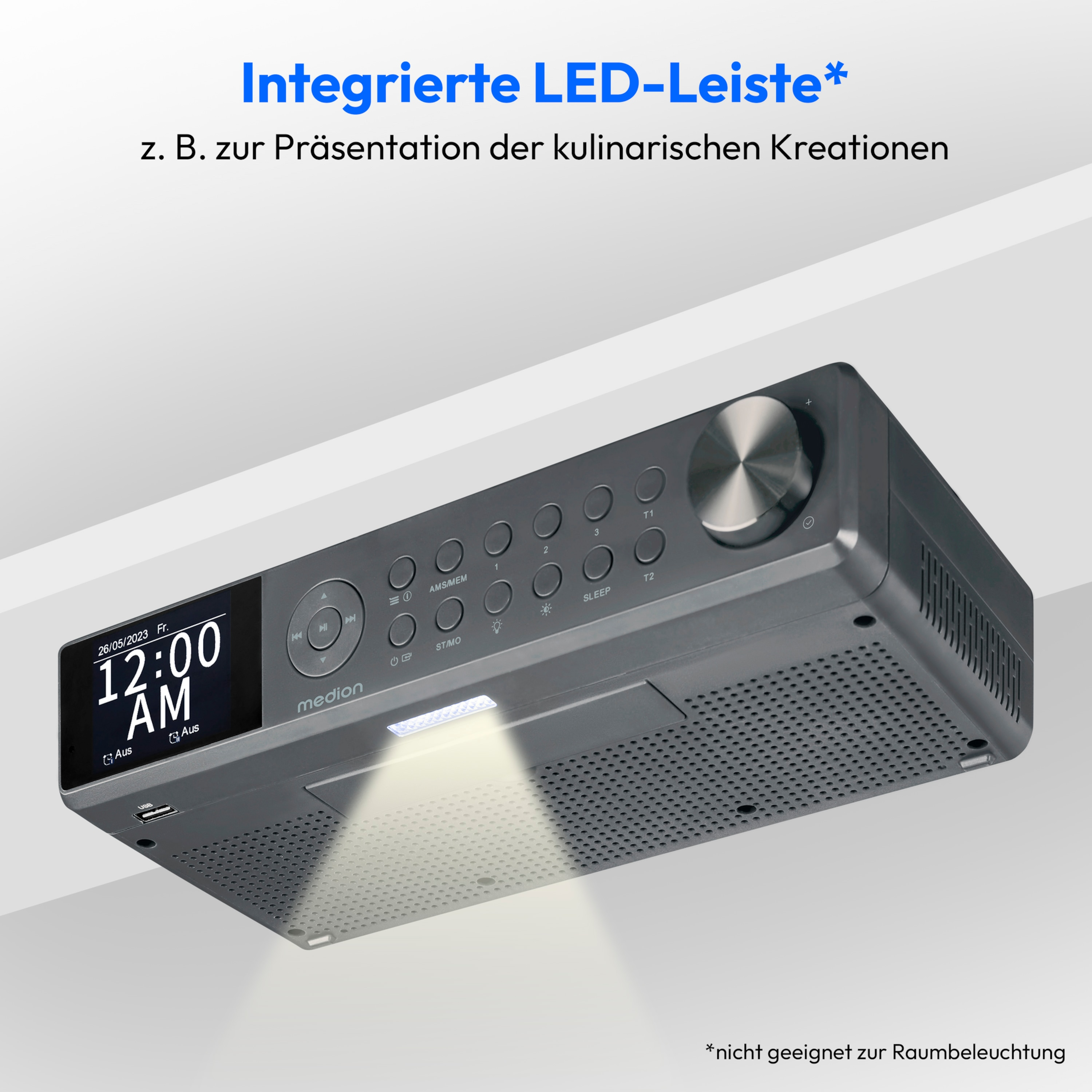 A gray radio with a display, buttons, and a speaker. There is a light shining from it.