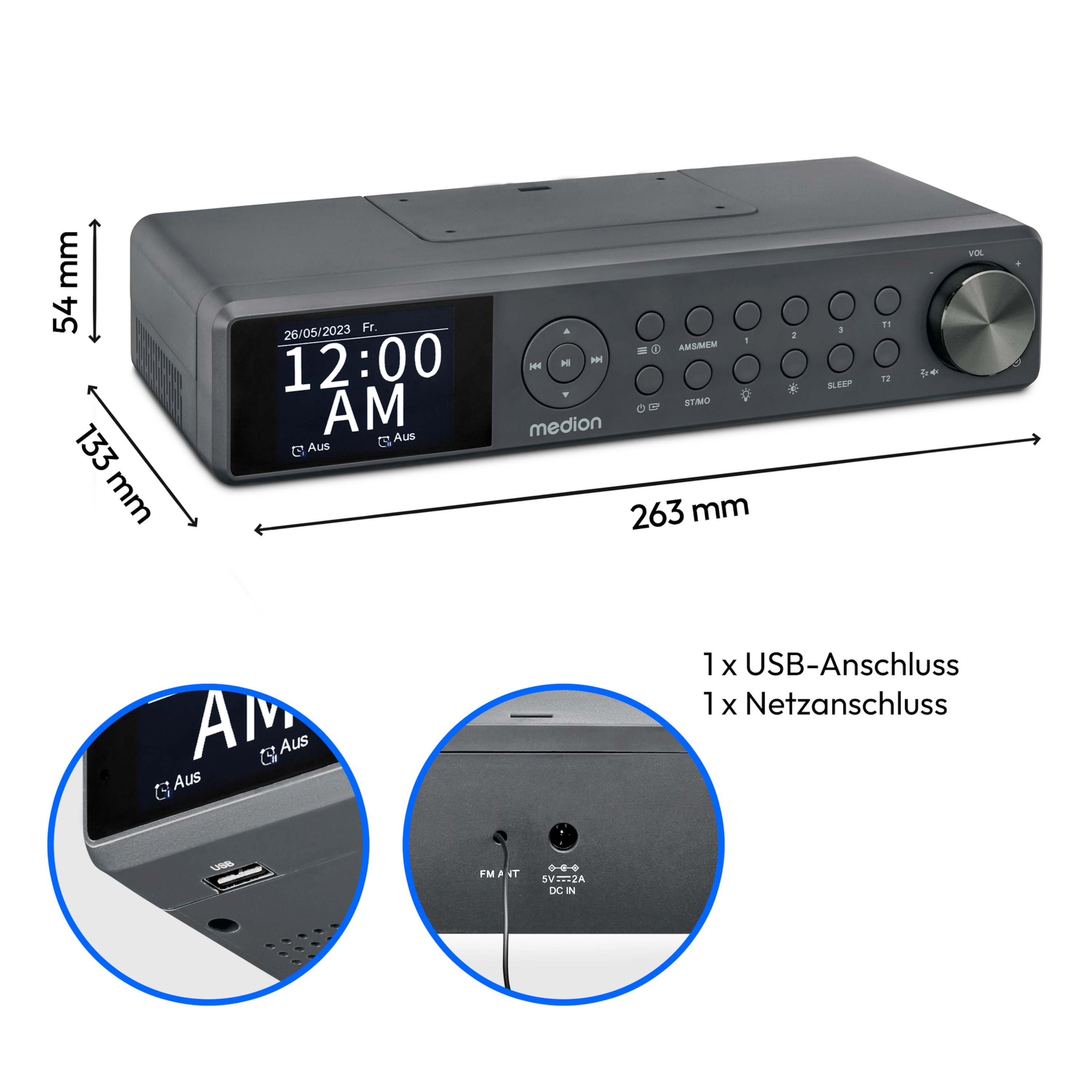 Gray Medion radio with display showing time. Has buttons and a volume knob. Dimensions are visible.