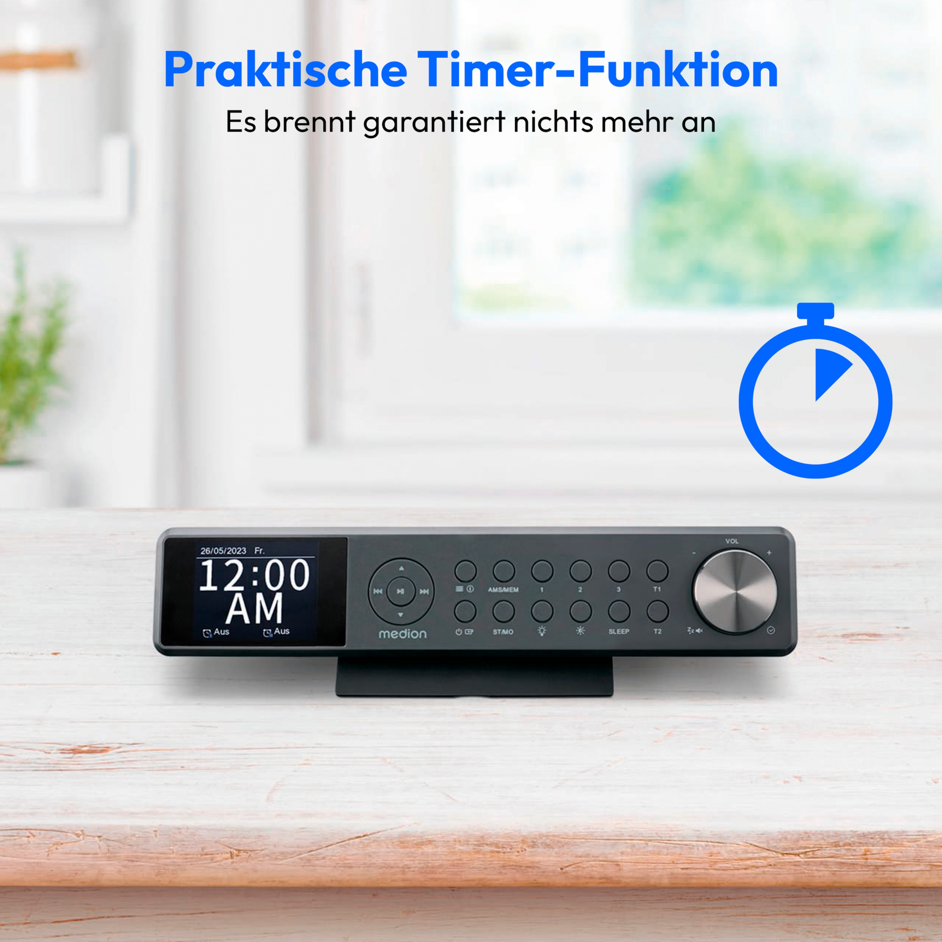 Grey radio on a wooden table with a timer icon and text about timer function.