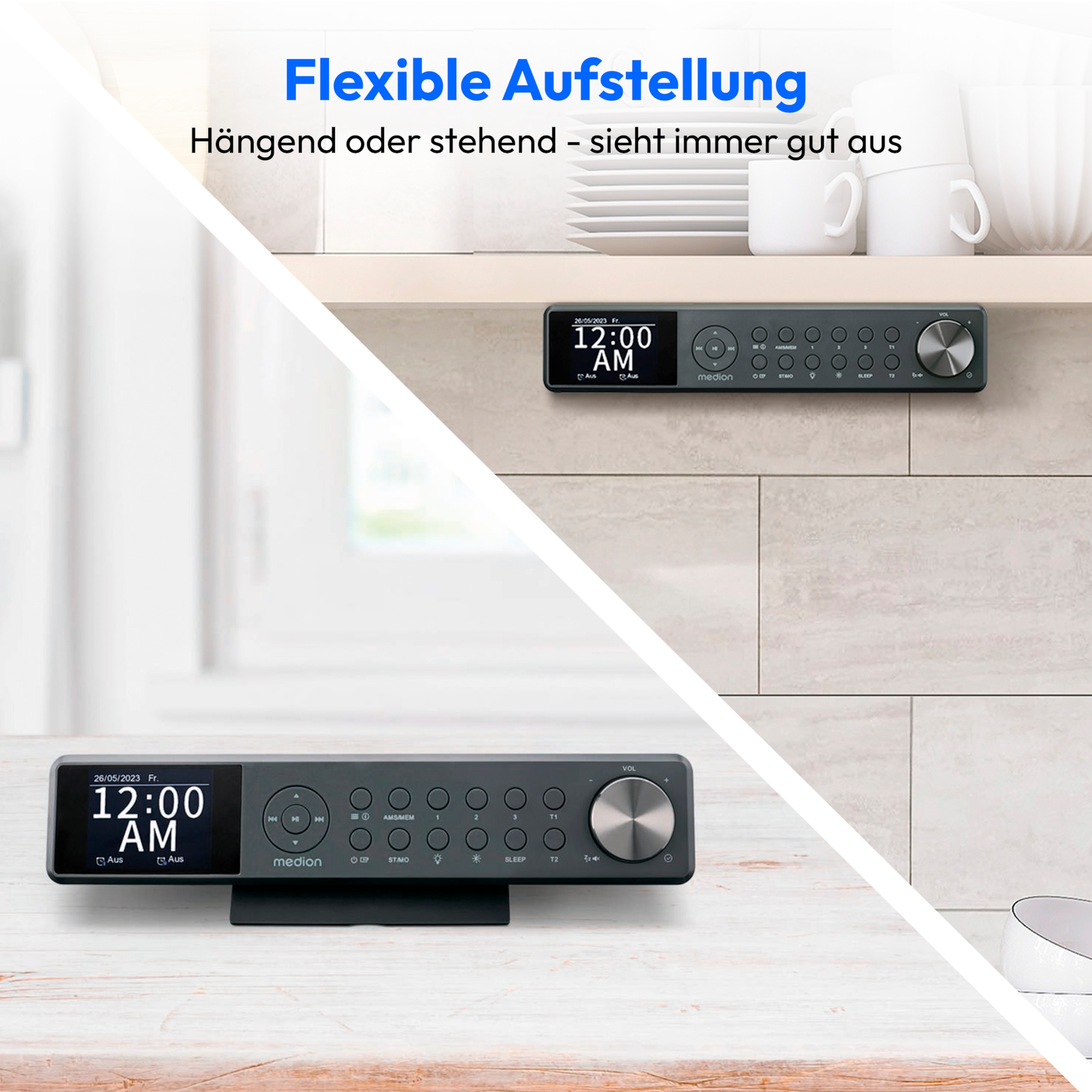 Gray radio with display, two views. In the background, white cups. Text: Flexible Aufstellung.