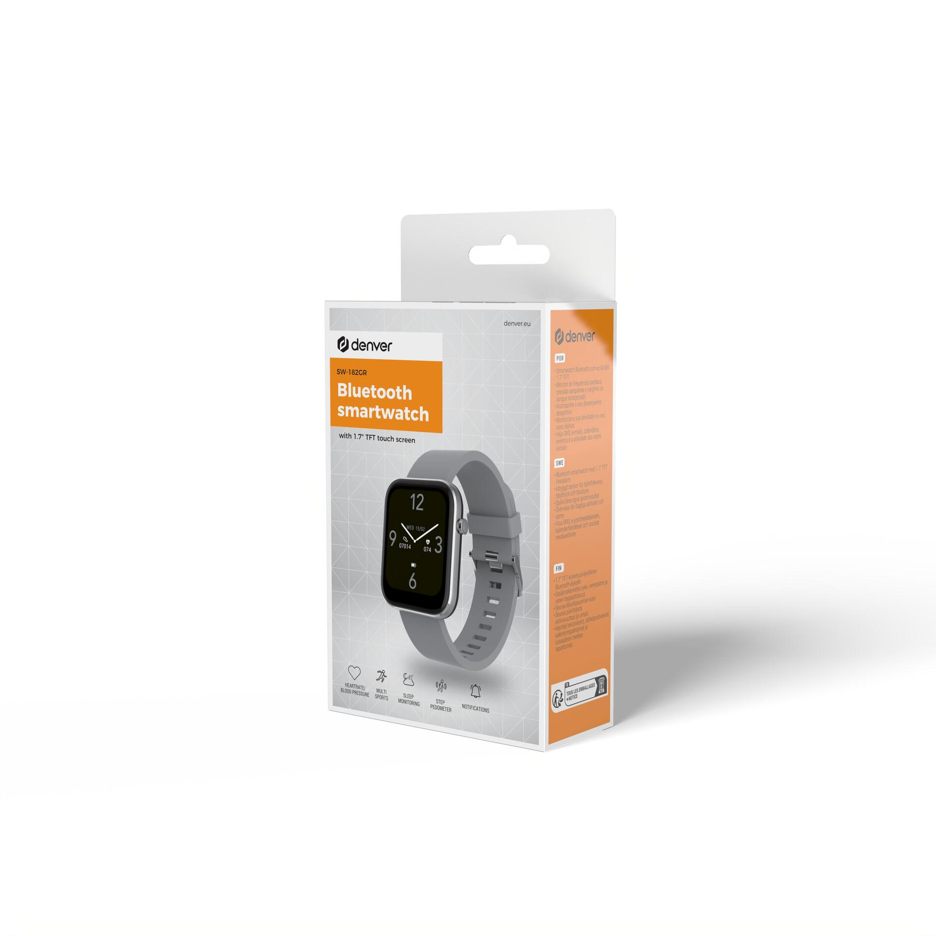 Eine Smartwatch in einer Box. Die Uhr ist grau mit quadratischem Zifferblatt. Die Box ist weiß und orange.