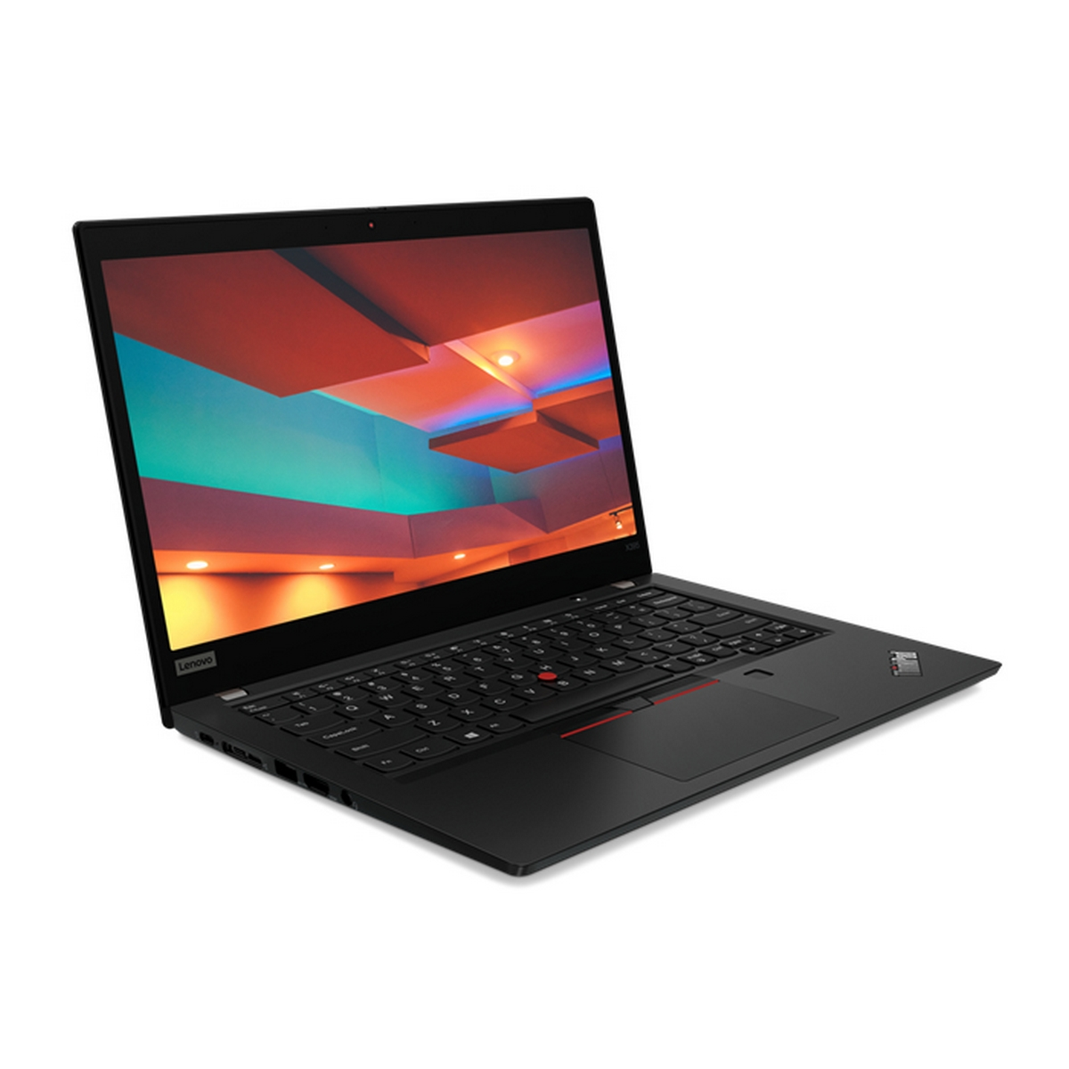 Laptop Lenovo nero aperto, con tastiera nera e trackpoint rosso. Lo schermo mostra un display colorato.