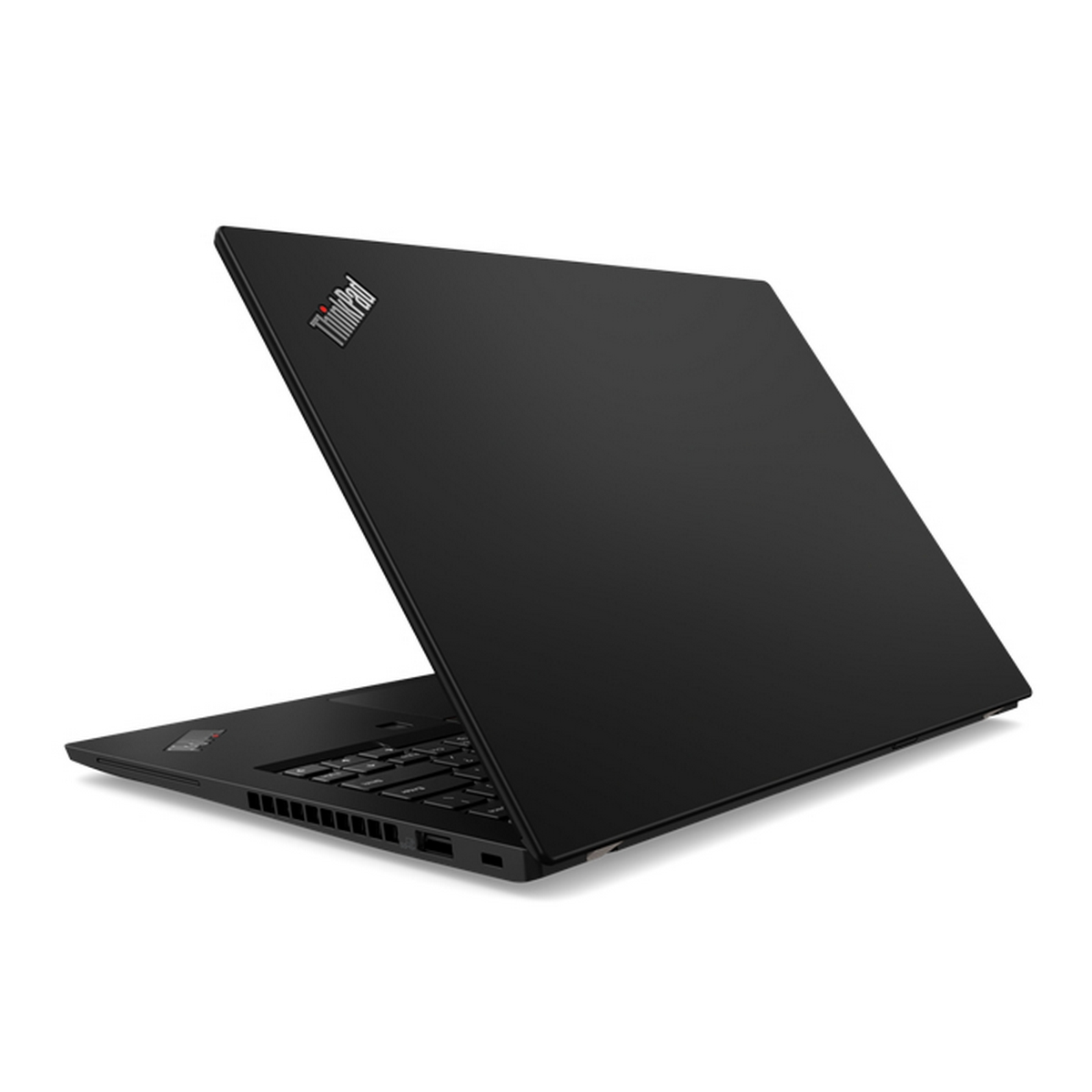 Laptop ThinkPad nero, vista posteriore, su sfondo bianco.