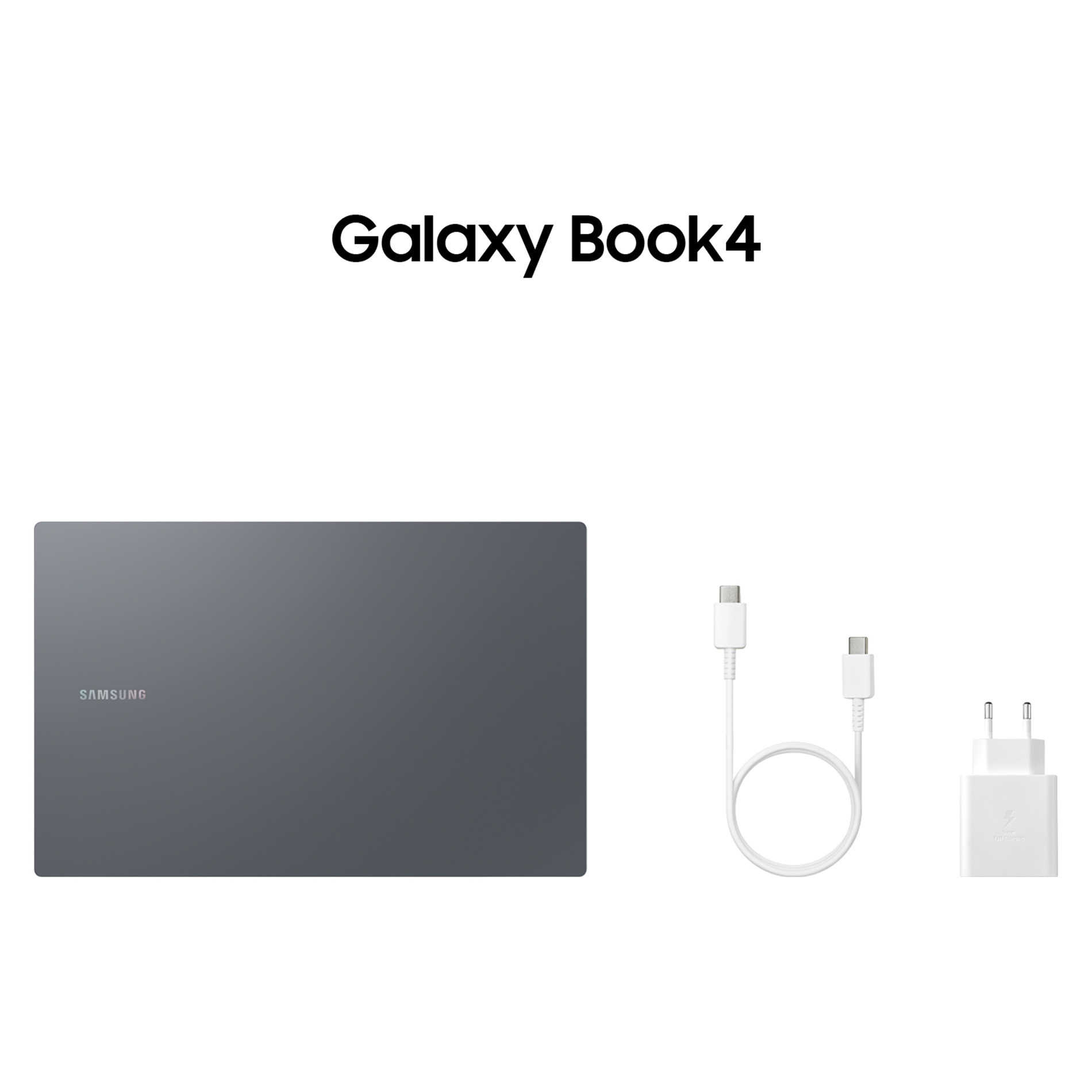 Samsung Galaxy Book4. Mostra il dispositivo, il caricatore e il cavo.