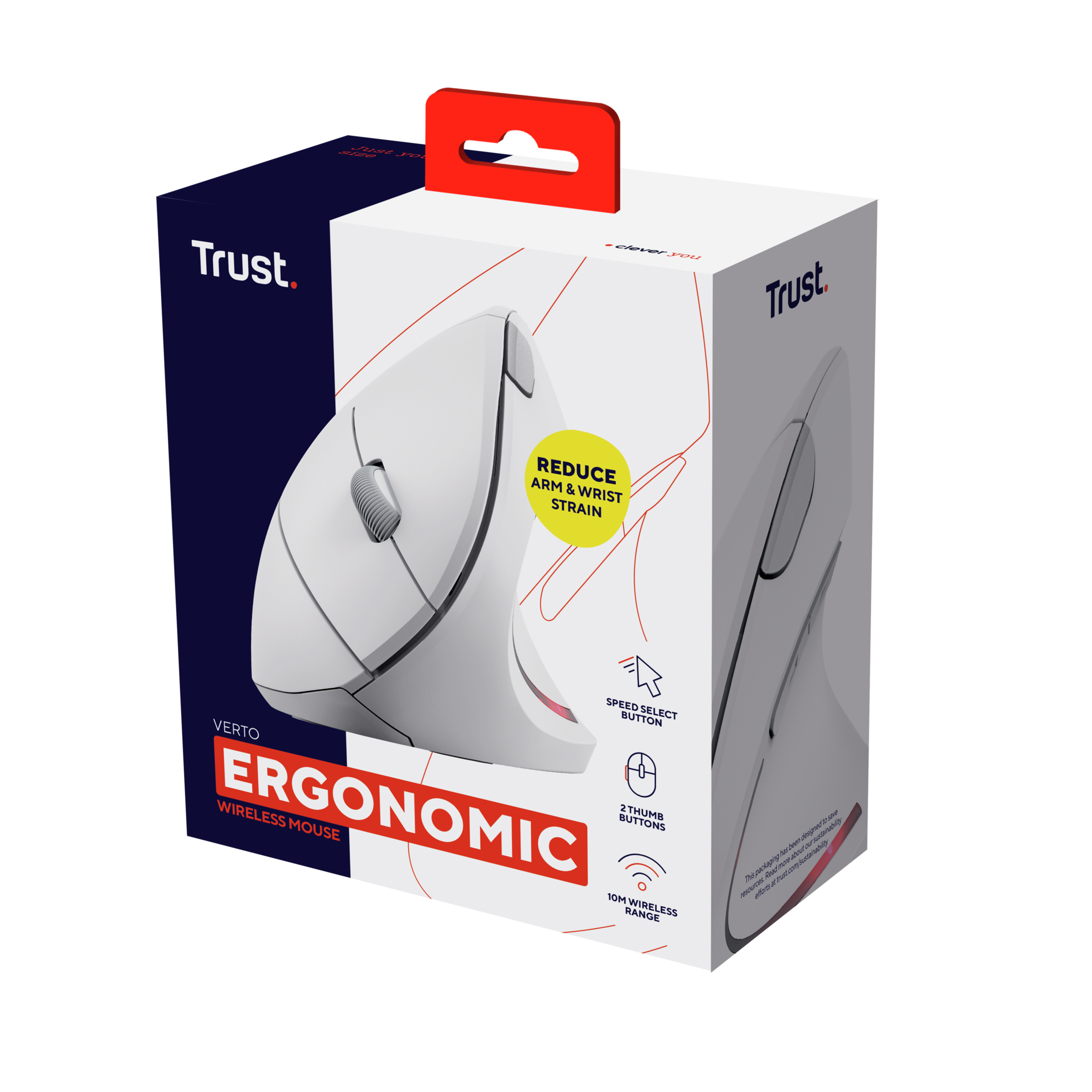 Biała, ergonomiczna mysz bezprzewodowa w pudełku. Pudełko ma markę Trust i czerwone akcenty.