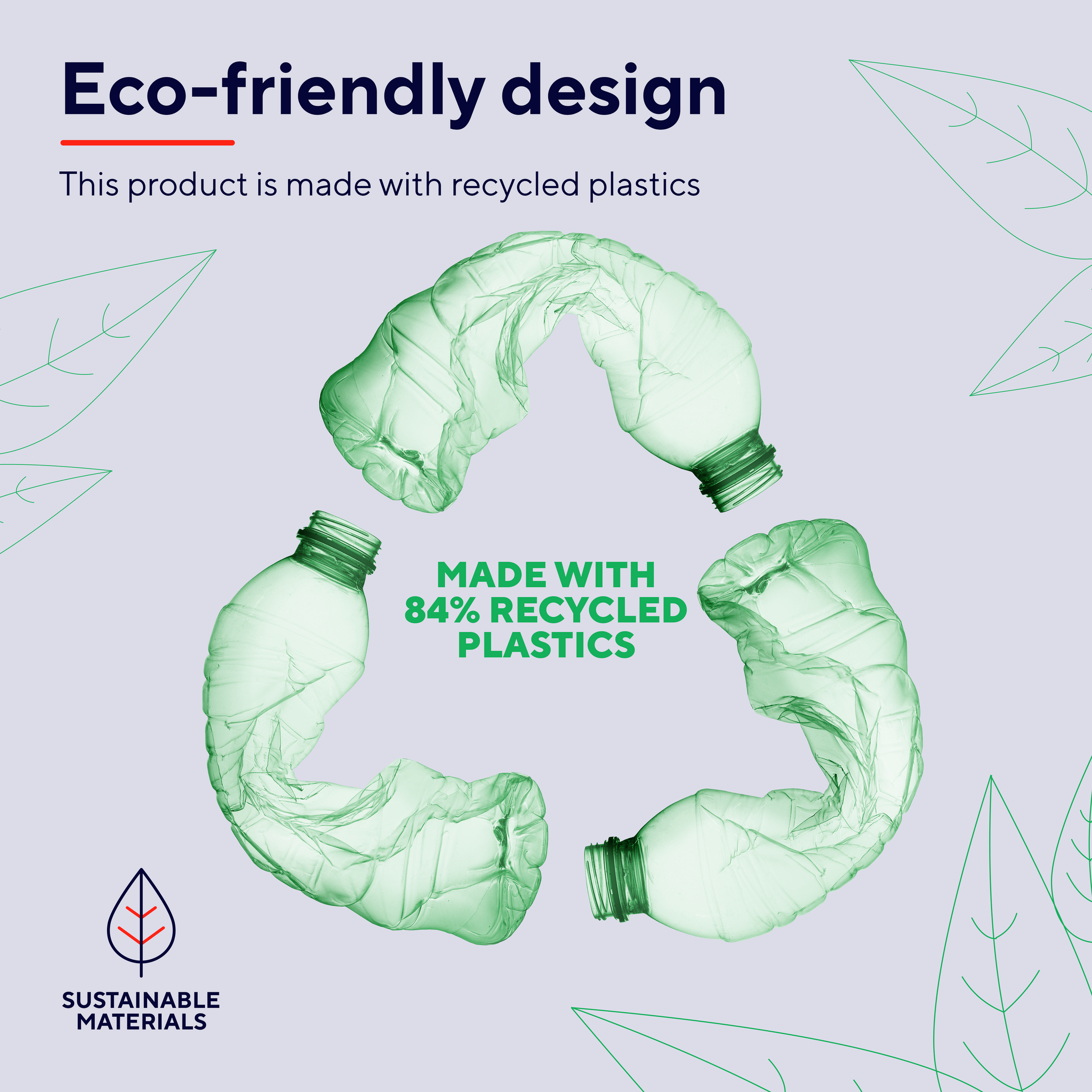 Obrazek przedstawia butelki z tworzyw sztucznych z recyklingu tworzące symbol recyklingu. Tekst wskazuje 84% tworzyw sztucznych z recyklingu.