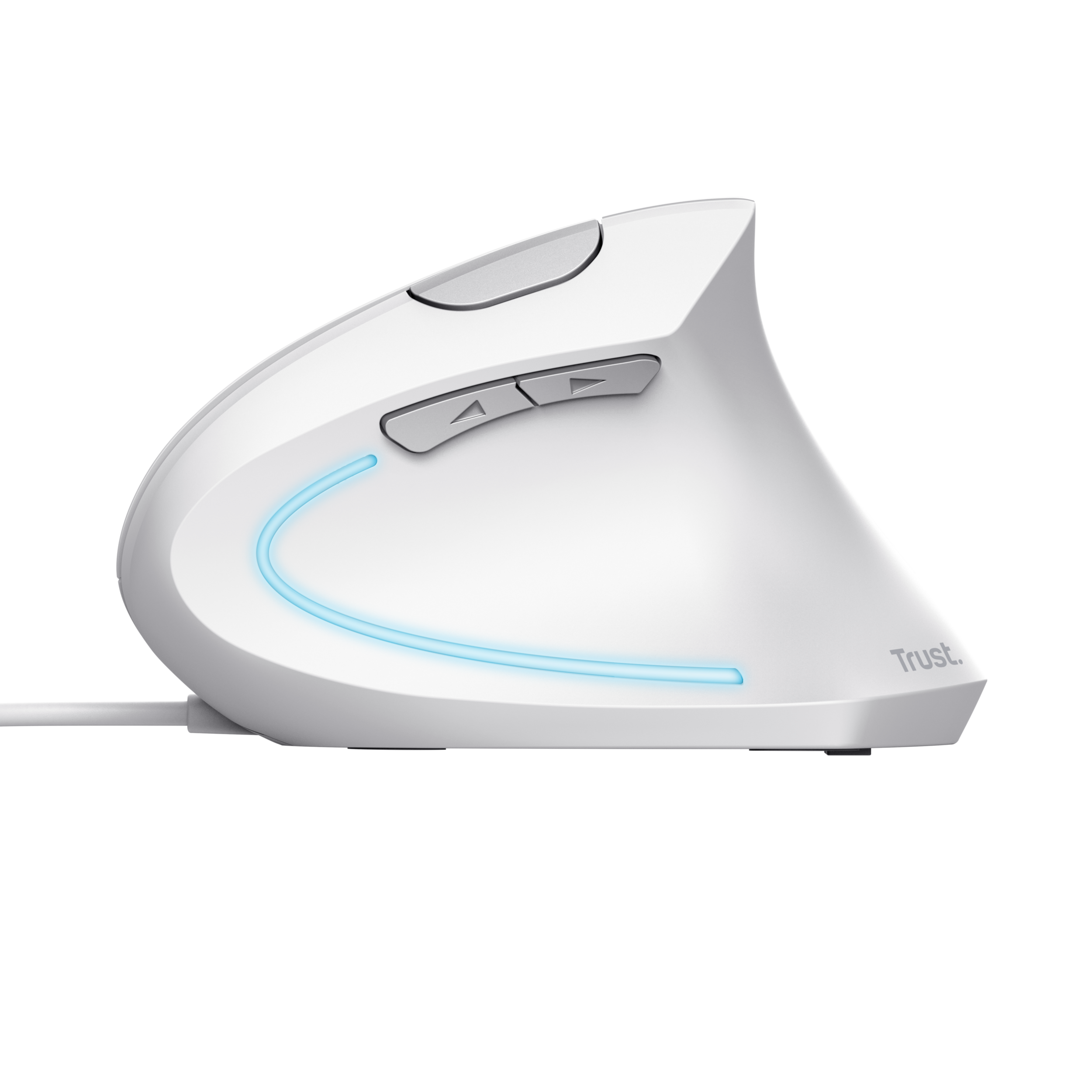 Biała ergonomiczna mysz z dwoma przyciskami i kółkiem przewijania. Ma niebieskie światło na dole.
