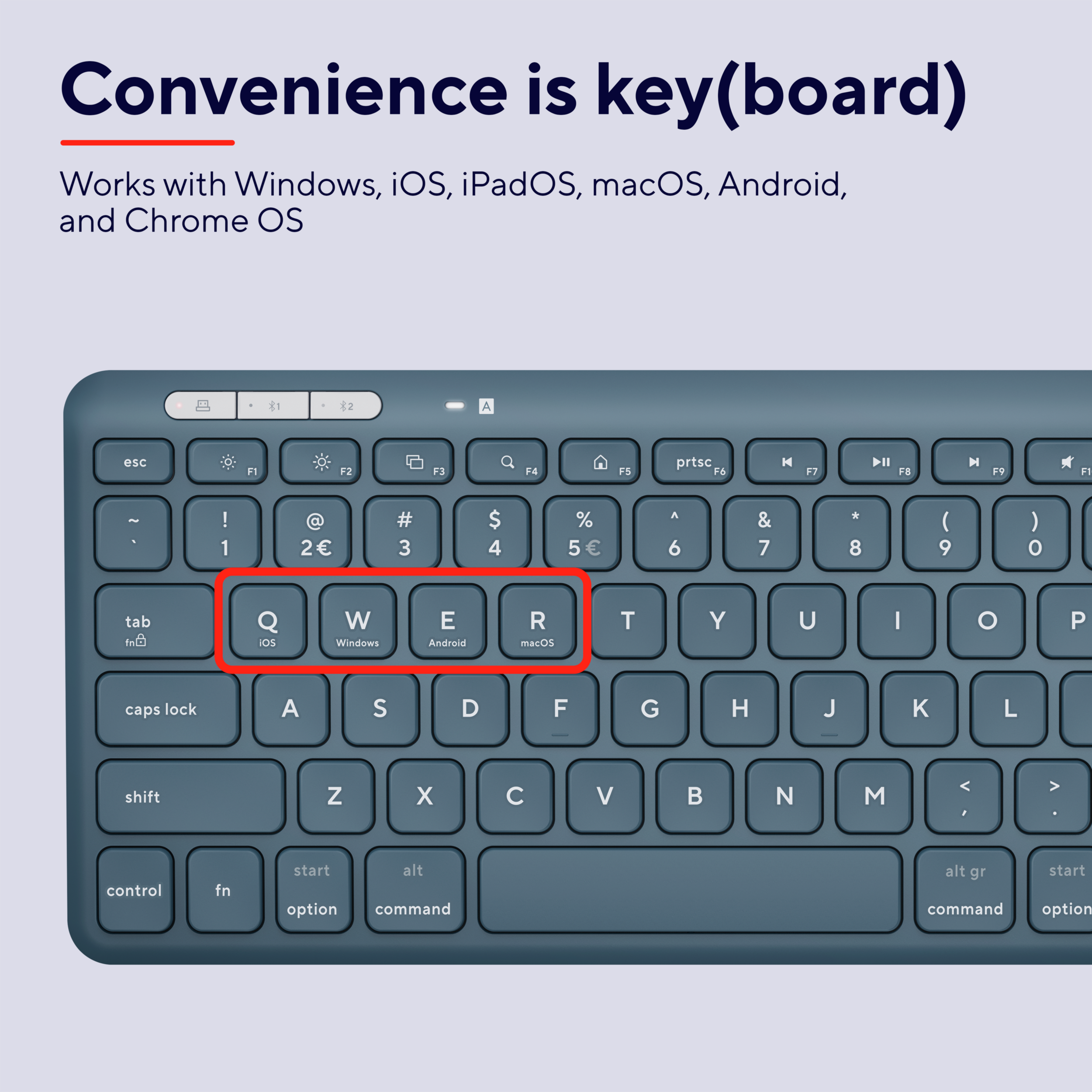 Zbliżenie na klawiaturę. Litery Q, W, E i R są podświetlone.