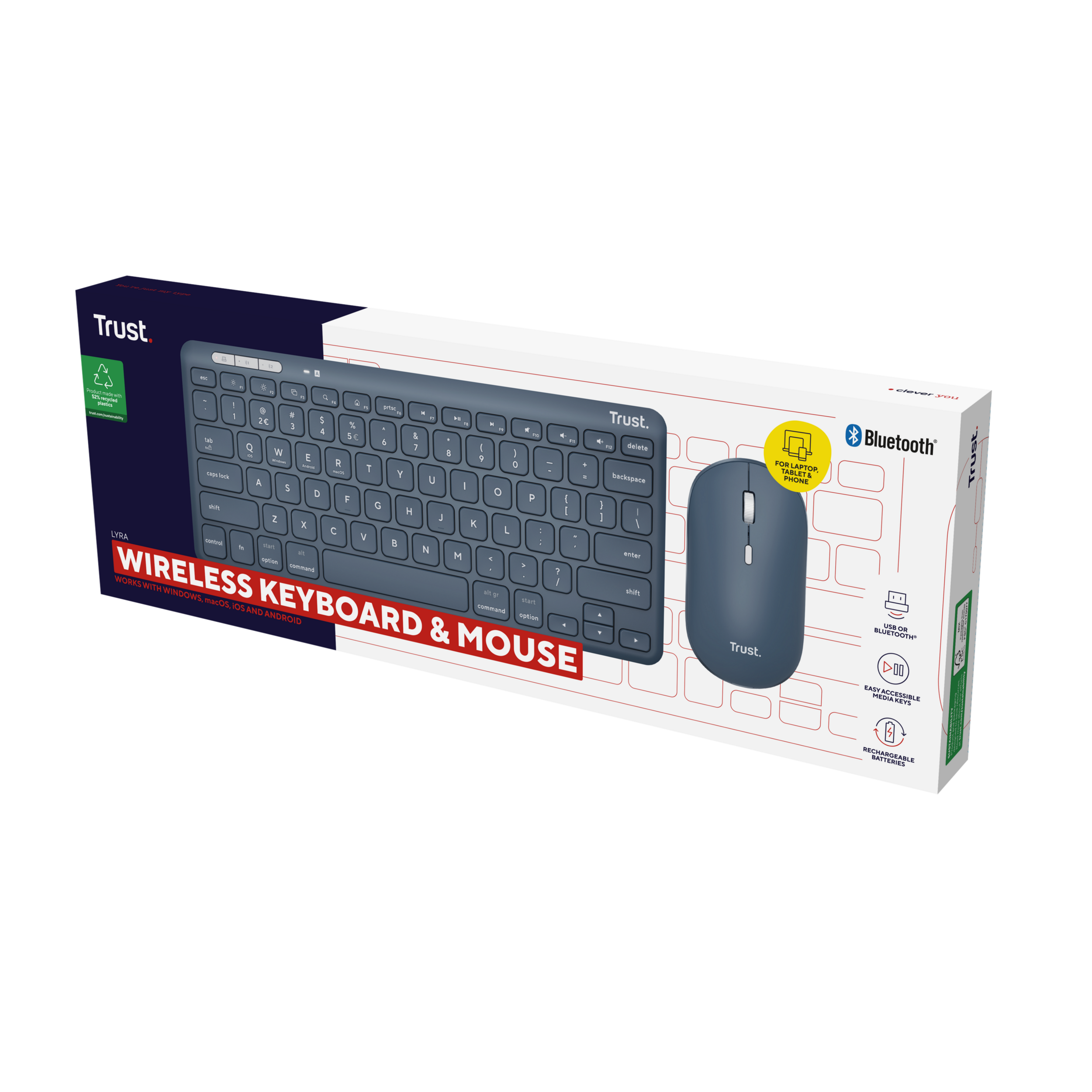 Zestaw bezprzewodowej klawiatury i myszy w pudełku, w kolorze niebiesko-białym.