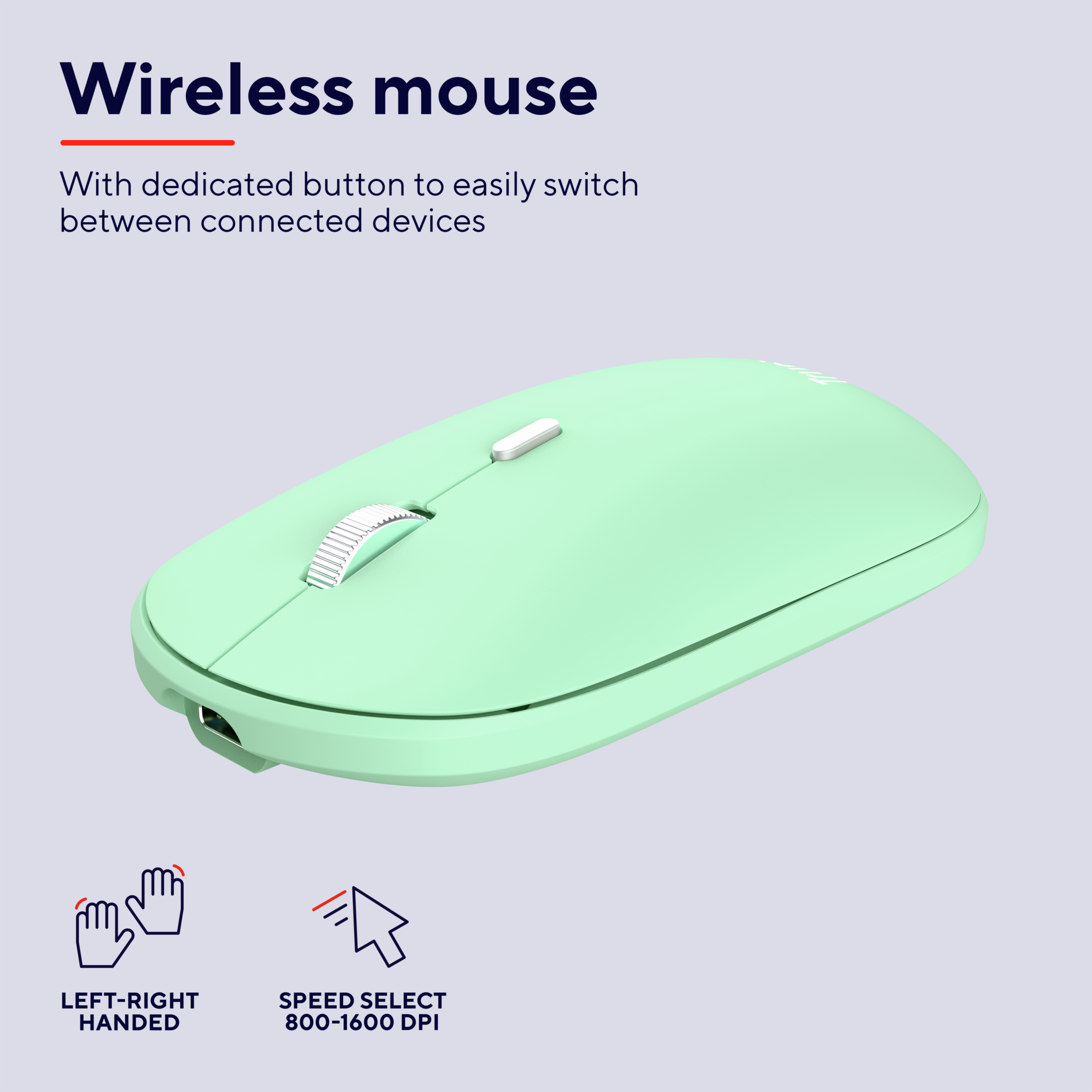 Miętowa zielona mysz bezprzewodowa z przyciskiem. Ma białe kółko przewijania i jest na białej powierzchni.