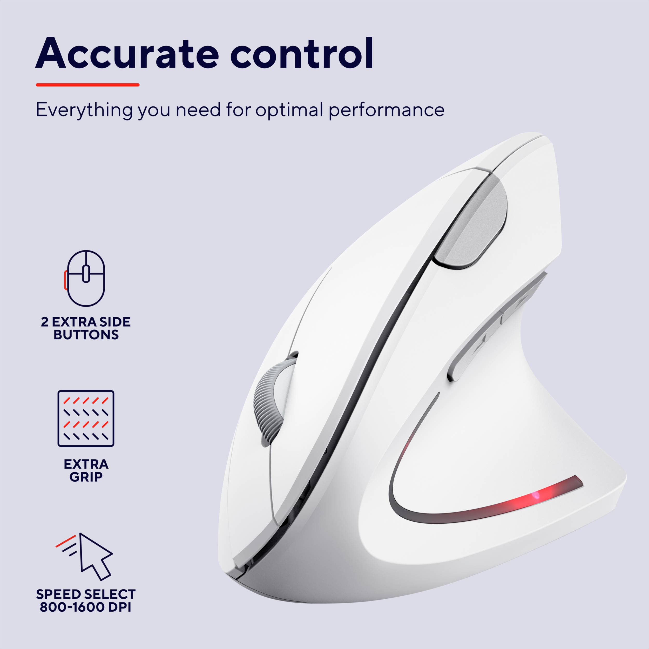 Biała mysz ergonomiczna z dodatkowymi przyciskami i uchwytem, wyborem prędkości i czerwonym światłem.