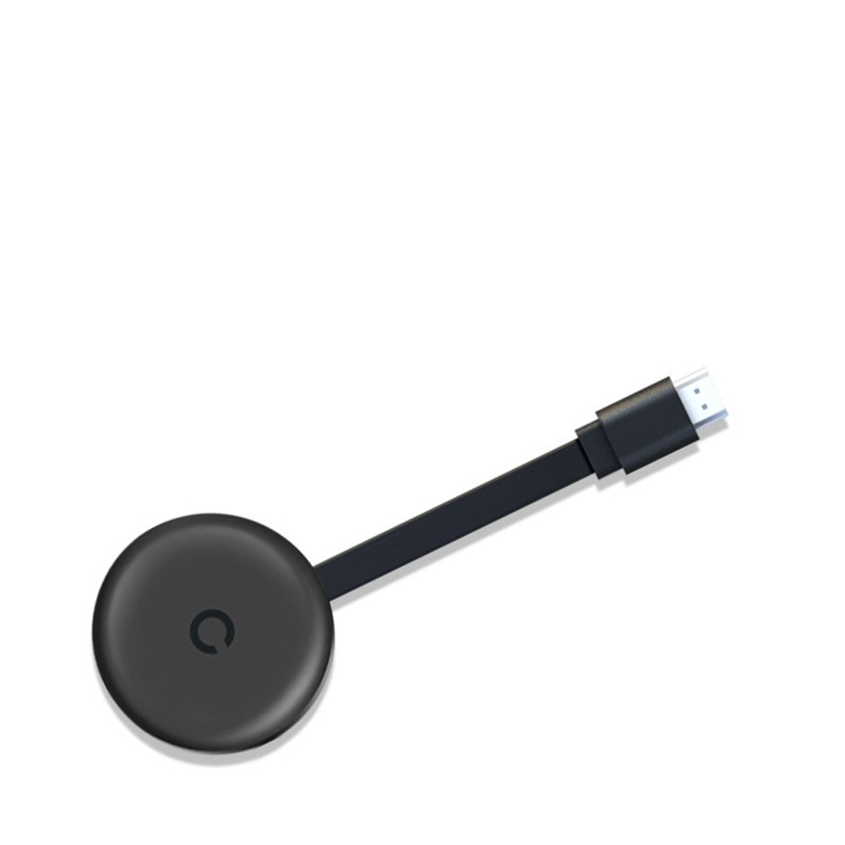 Ein schwarzes Chromecast-Gerät mit Kabel und Stecker auf weißem Hintergrund.