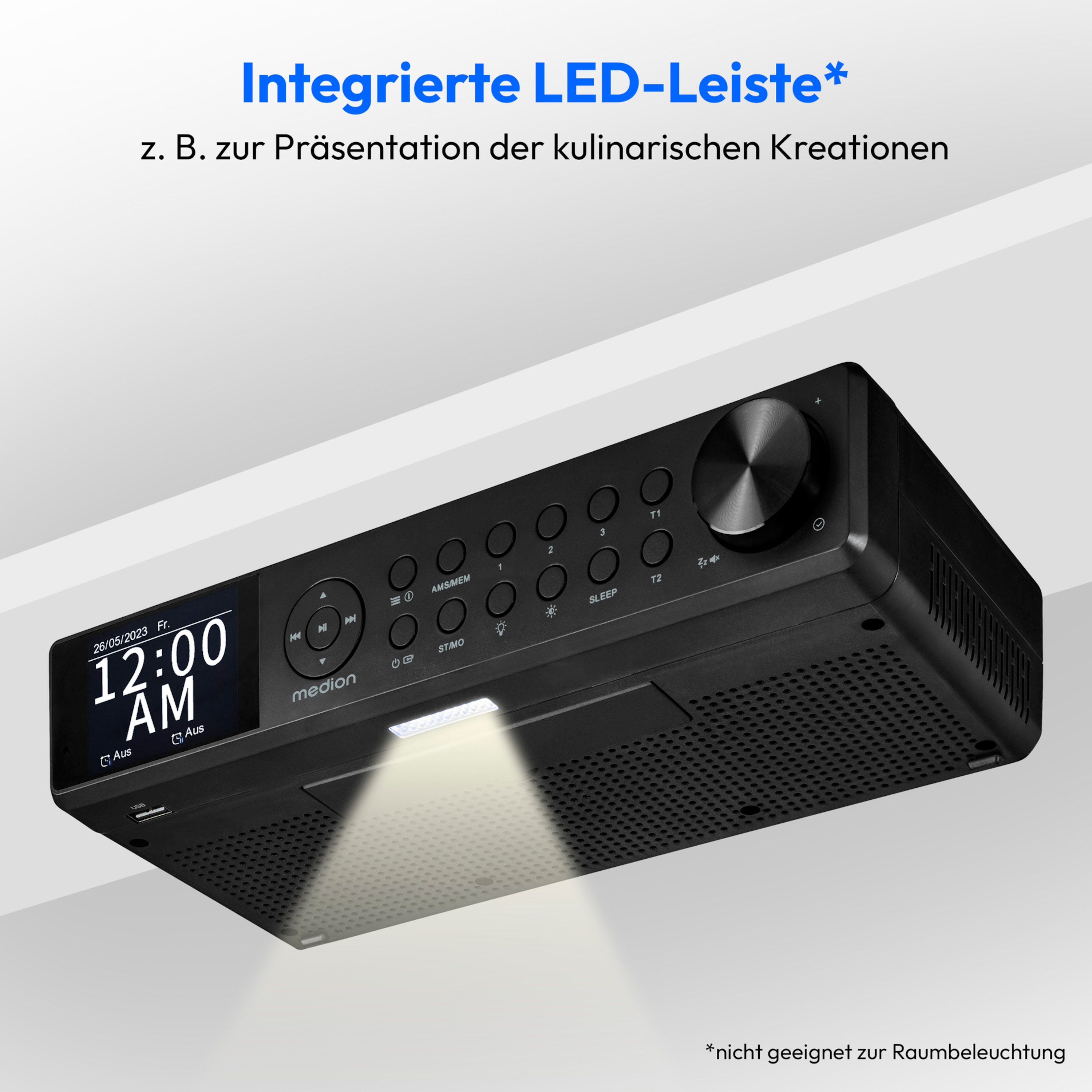 Czarny radio z wyświetlaczem i przyciskami, świeci białe światło. Tekst u góry.