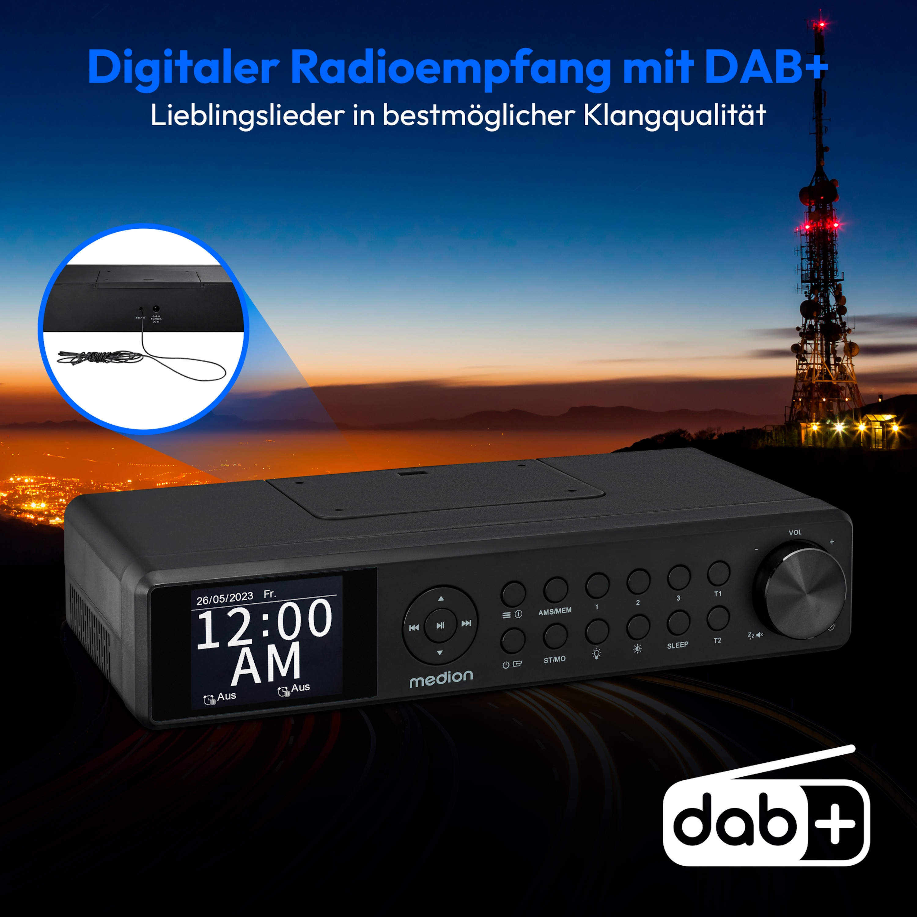 Czarna radio cyfrowe z ekranem, przyciskami i logo DAB+.