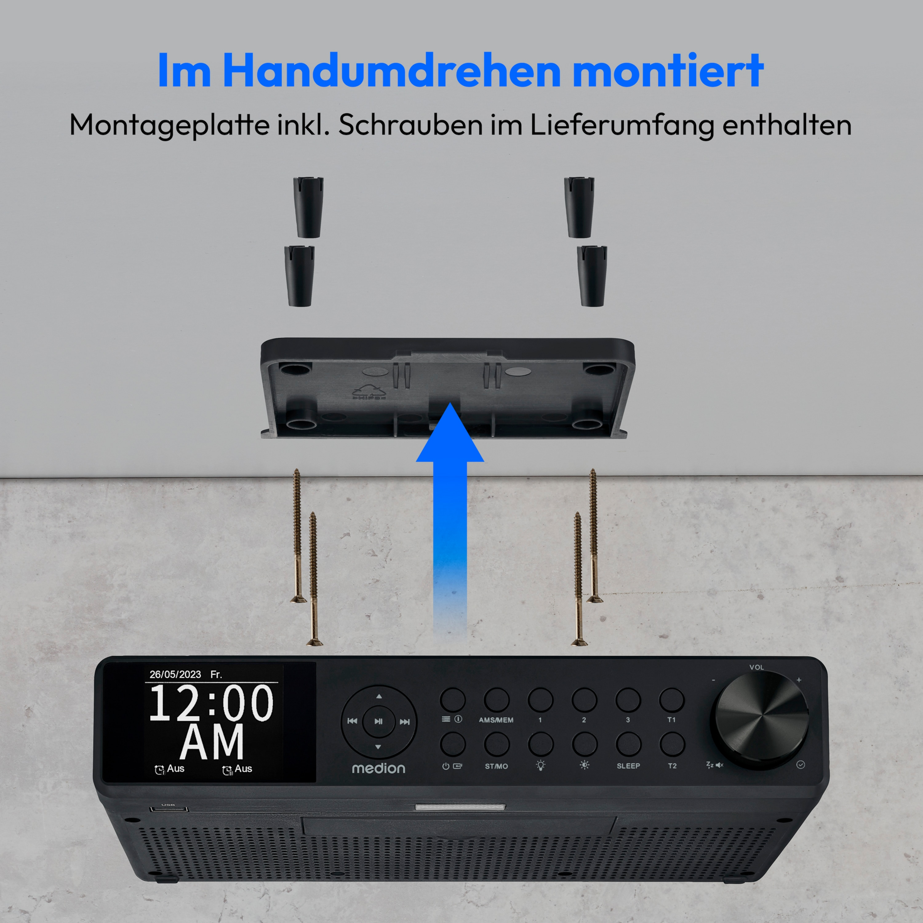 Elektronika z ekranem wyświetlającym godzinę, przyciskami i czarną obudową. Urządzenie jest montowane.