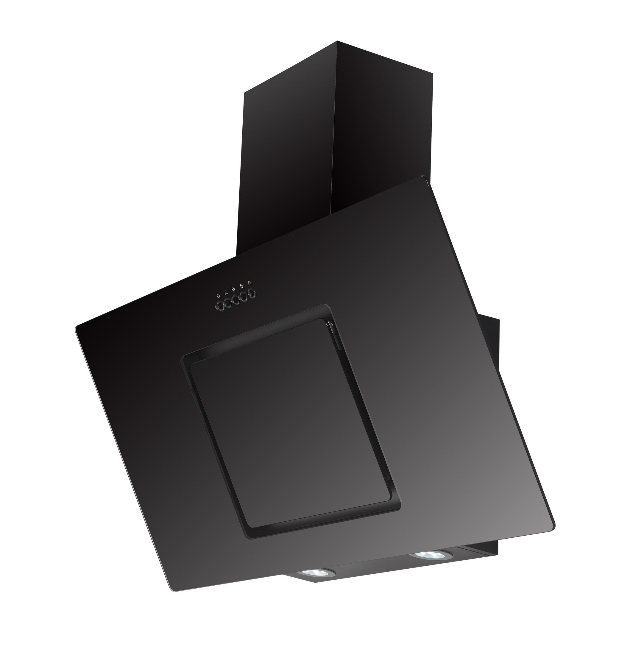 Eine schwarze Dunstabzugshaube auf weißem Hintergrund. Sie hat eine quadratische Form und ist angewinkelt.