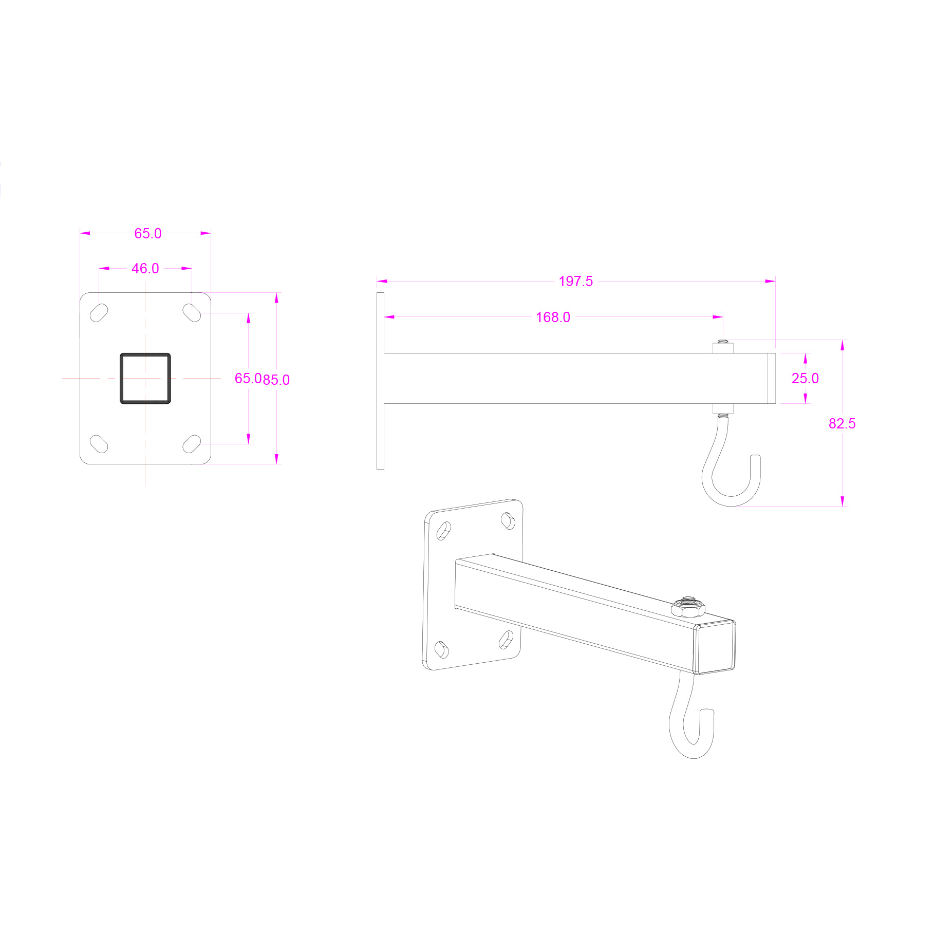 Dibujo técnico de soportes de montaje con medidas y dimensiones.