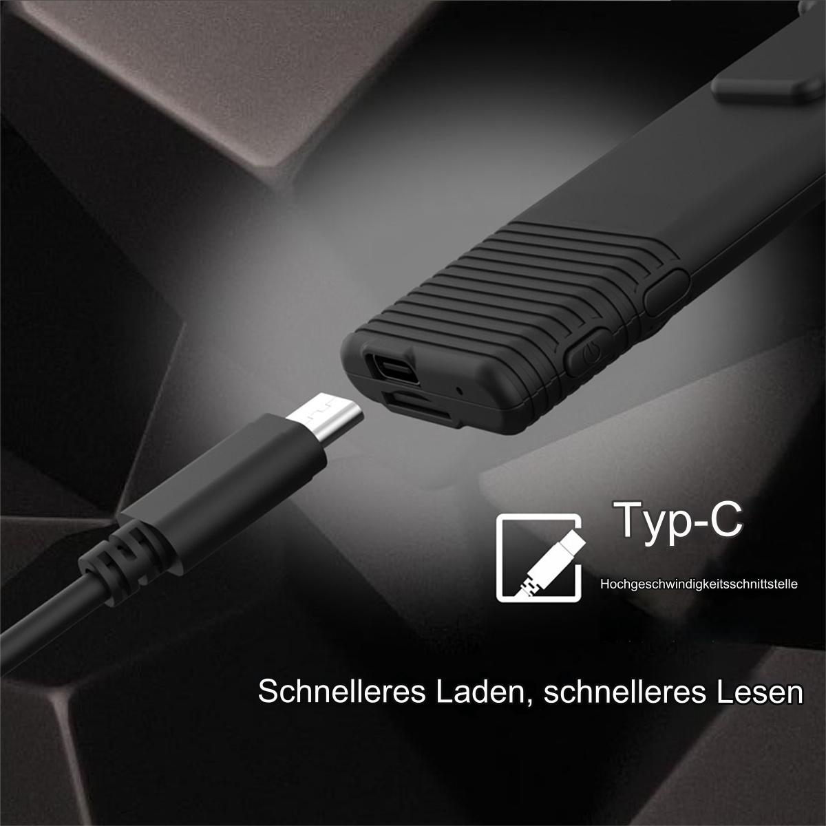 Schwarzes Gerät und USB-C-Kabel. Text-Overlay: Typ-C, schnelleres Laden, schnelleres Lesen.