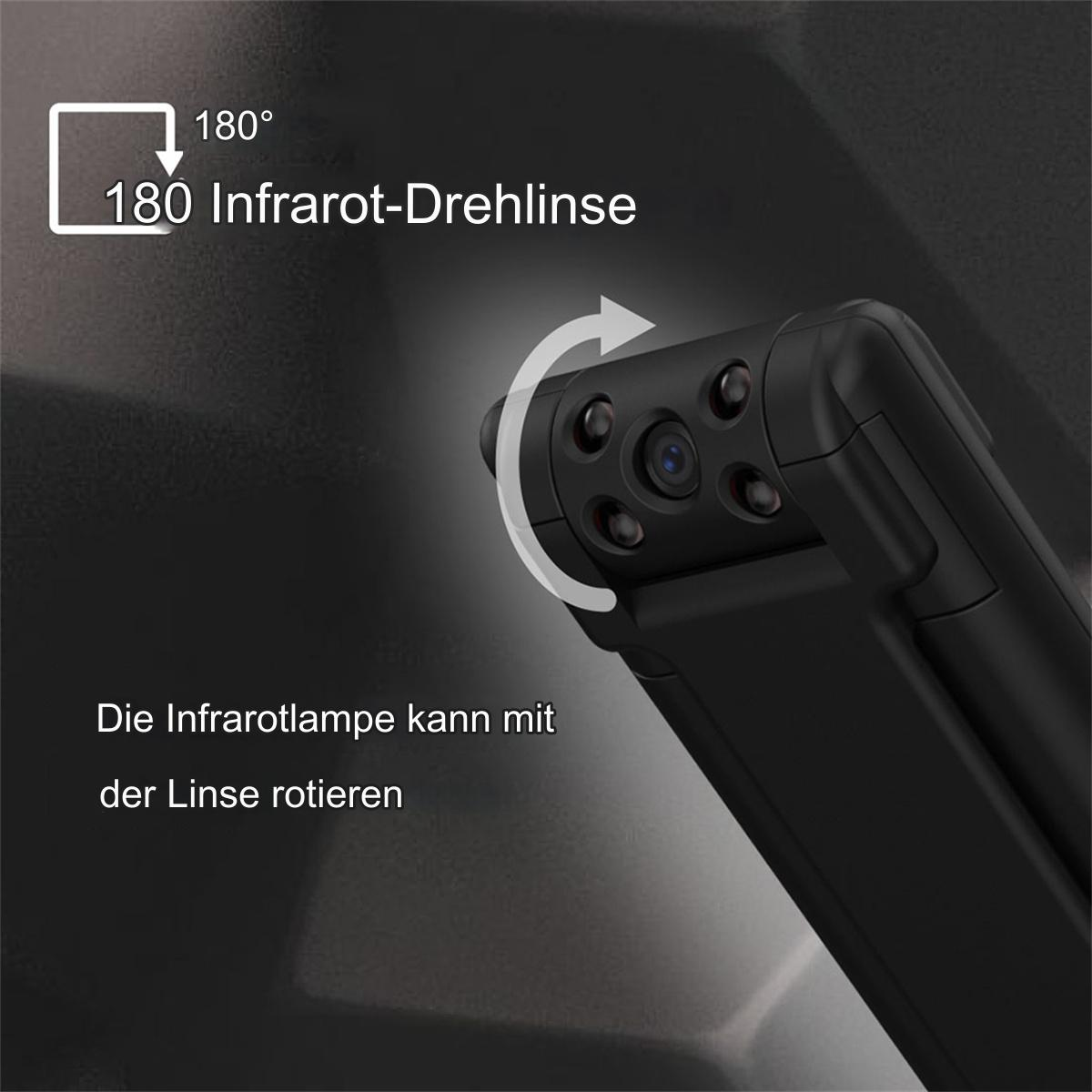 Schwarze Überwachungskamera mit rotierendem Objektiv, zeigt einen rotierenden Pfeil und Text auf Deutsch.