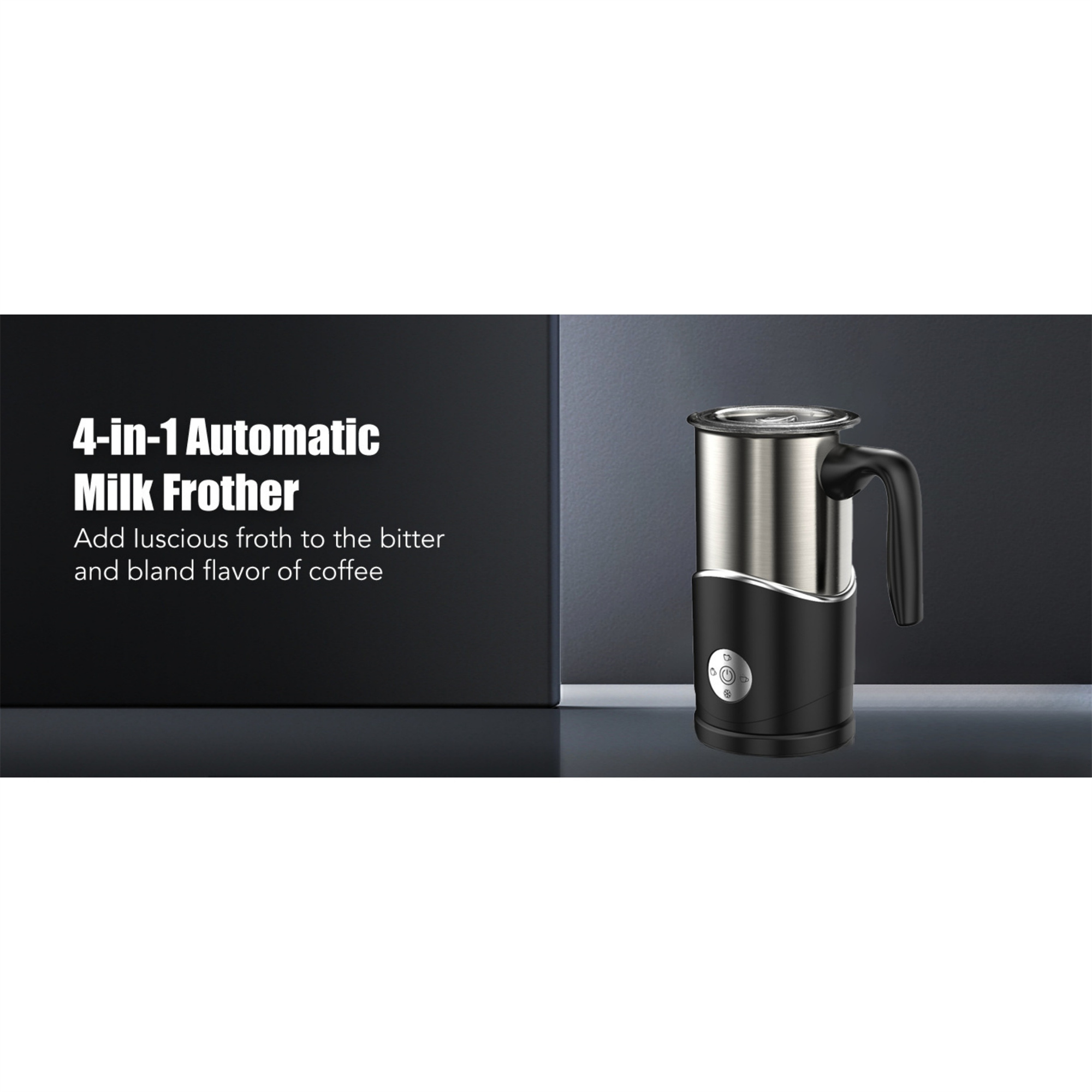 Ein 4-in-1 automatischer Milchaufschäumer in Schwarz und Silber. Text auf schwarzem Hintergrund.