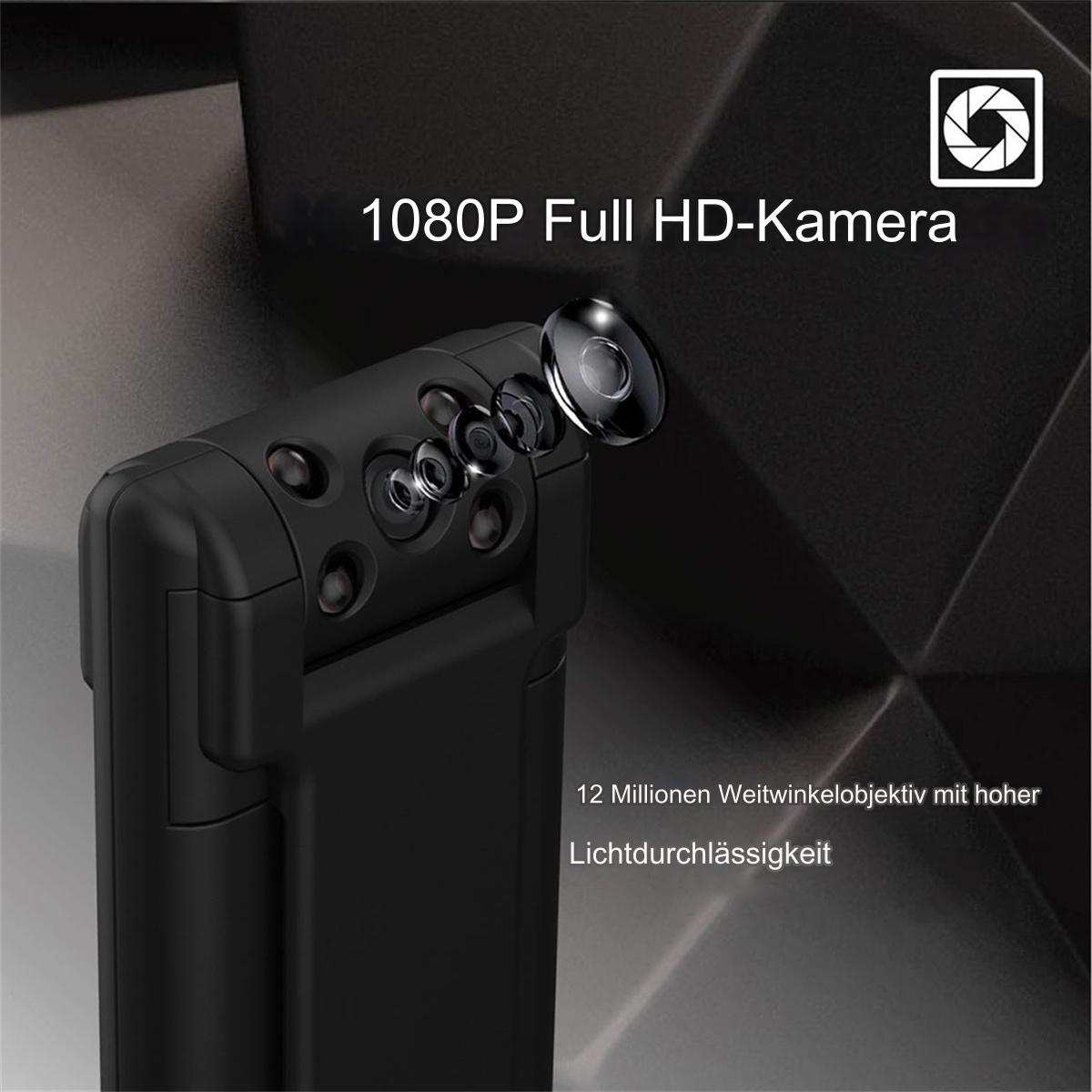 Schwarze Kamera mit Text 1080P Full HD-Kamera und 12 Megapixel Weitwinkelobjektiv.