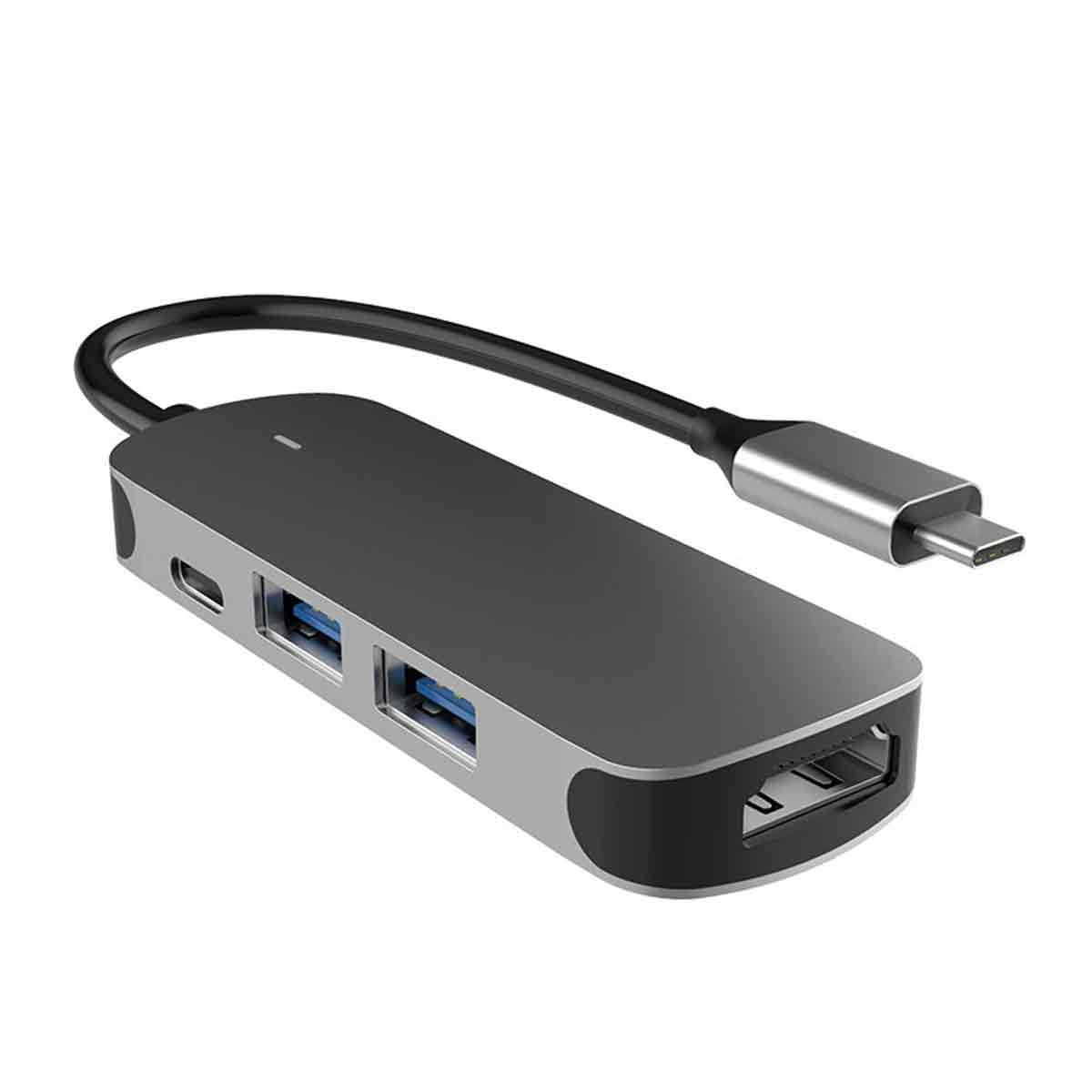Silberner USB-Hub mit USB-Anschlüssen, Kabel und USB-C-Anschluss.