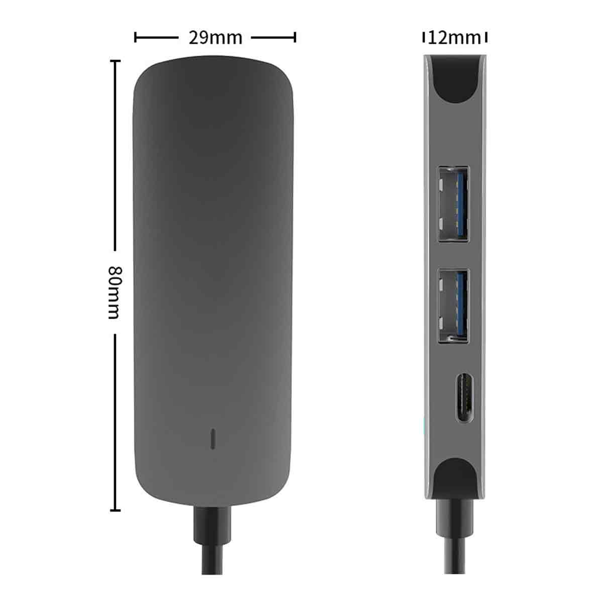 Ein grauer USB-Hub mit beschrifteten Abmessungen, der Anschlüsse auf beiden Seiten zeigt.
