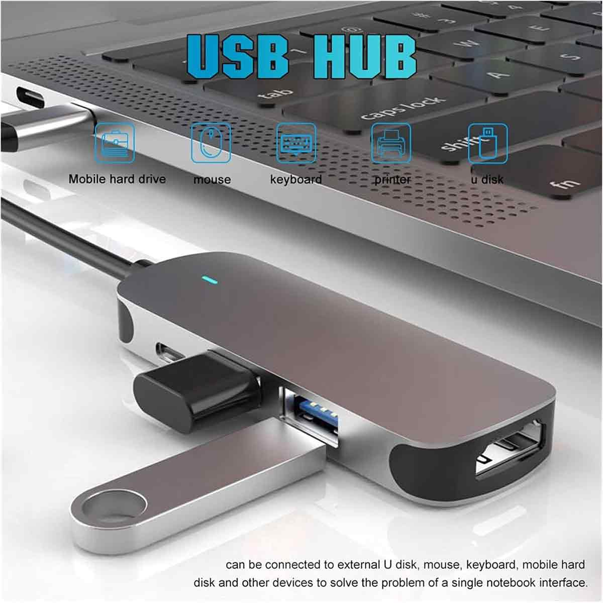 Silberner USB-Hub, an einen Laptop angeschlossen. Textbezeichnungen beschreiben Anschlüsse.