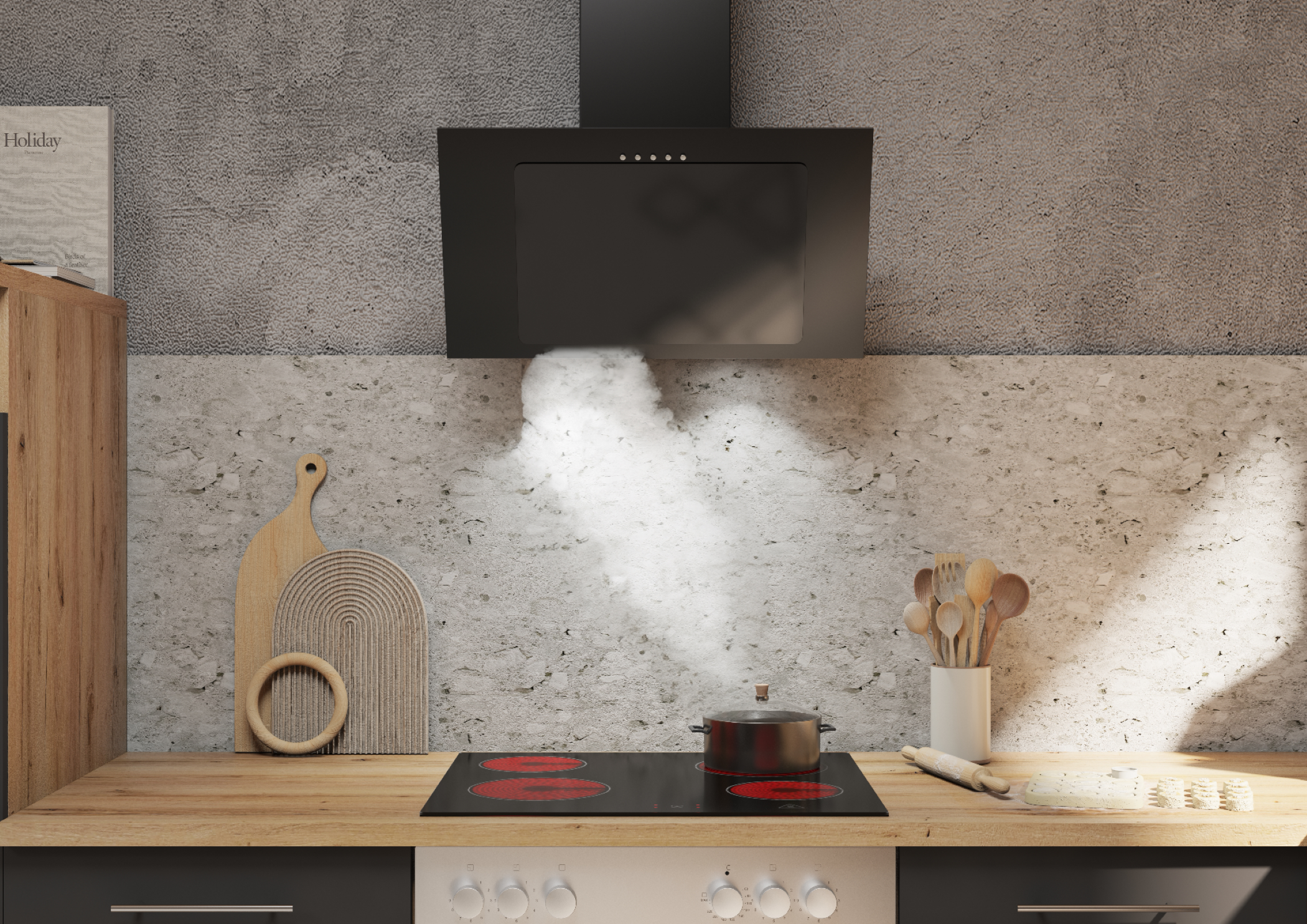 Küchenszene mit einer schwarzen Dunstabzugshaube über einem Kochfeld mit einem Topf. Holz-Arbeitsplatte und Schrank.