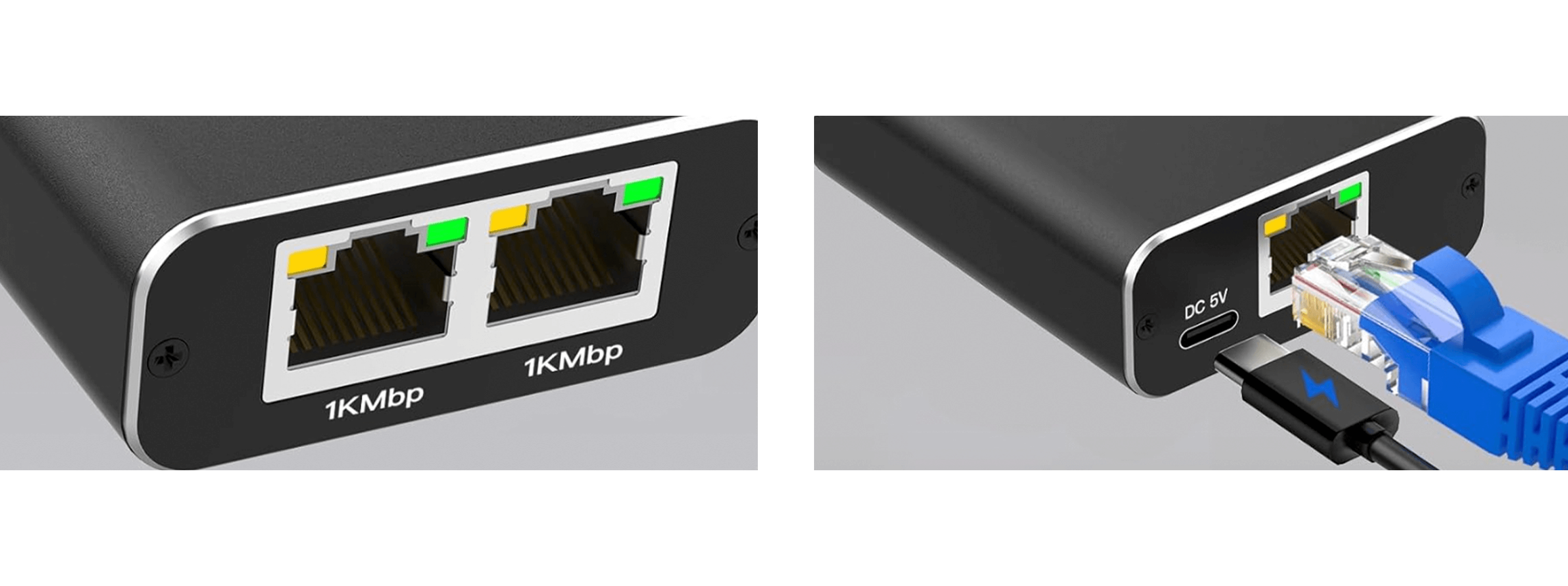 Zbliżenie dwóch portów sieciowych z niebieskimi i żółtymi światłami oraz podłączonym kablem.