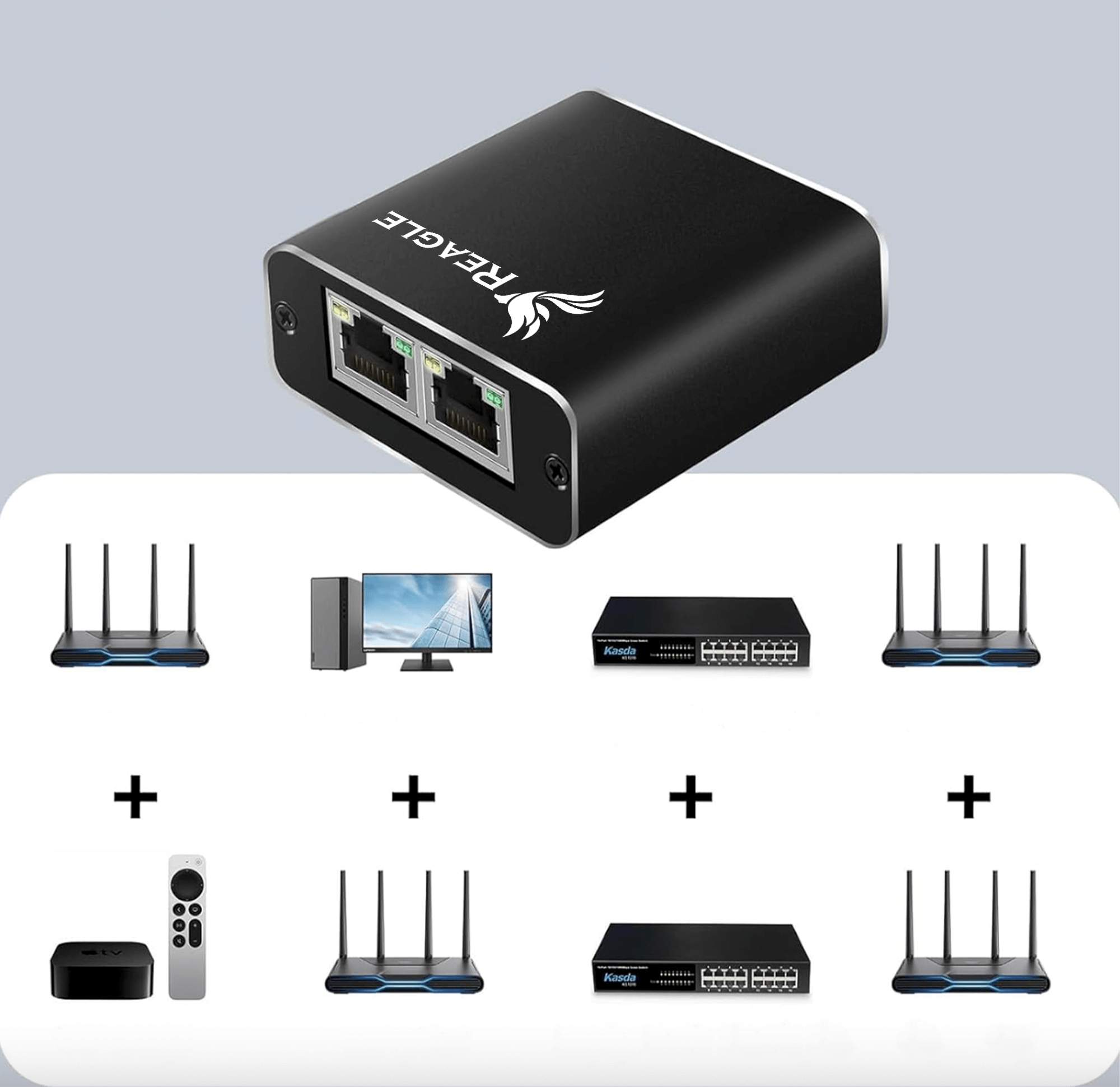 Czarne urządzenie sieciowe z dwoma portami oraz inne urządzenia elektroniczne.
