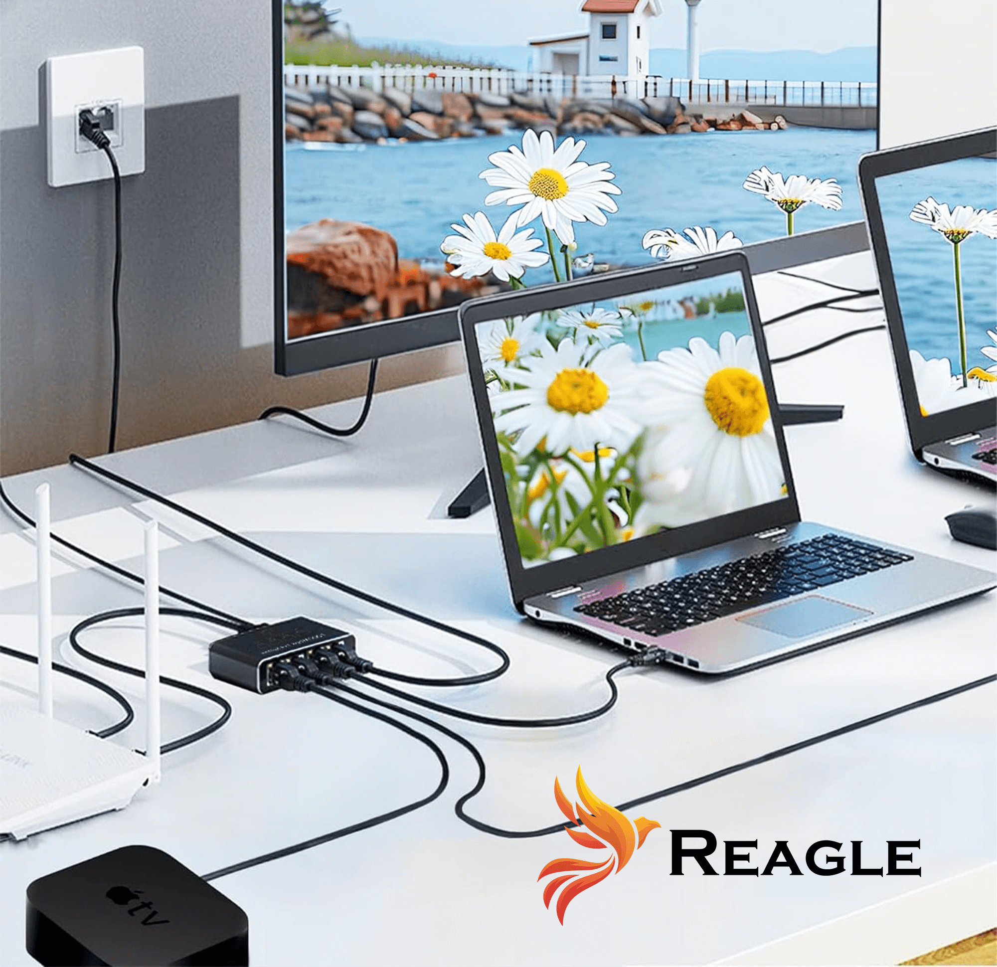 Konfiguracja biurka z telewizorem, laptopem i urządzeniem do podłączania kabli. Tło jest rozmyte.