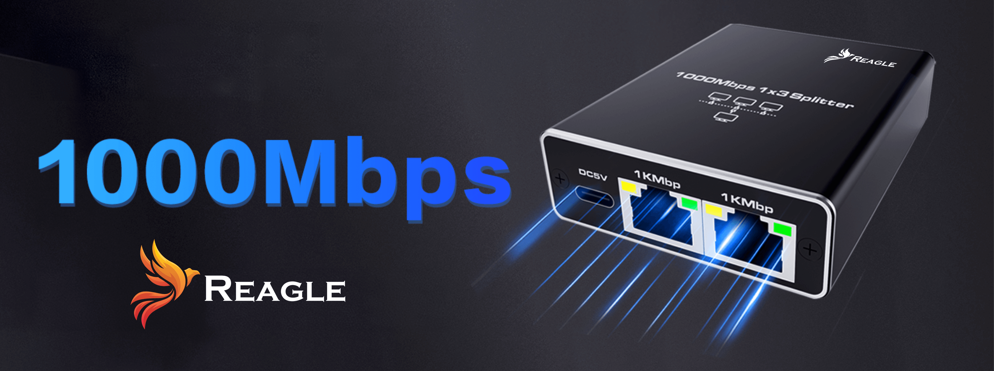 Czarny rozdzielacz sieci z tekstem i niebieskim światłem.