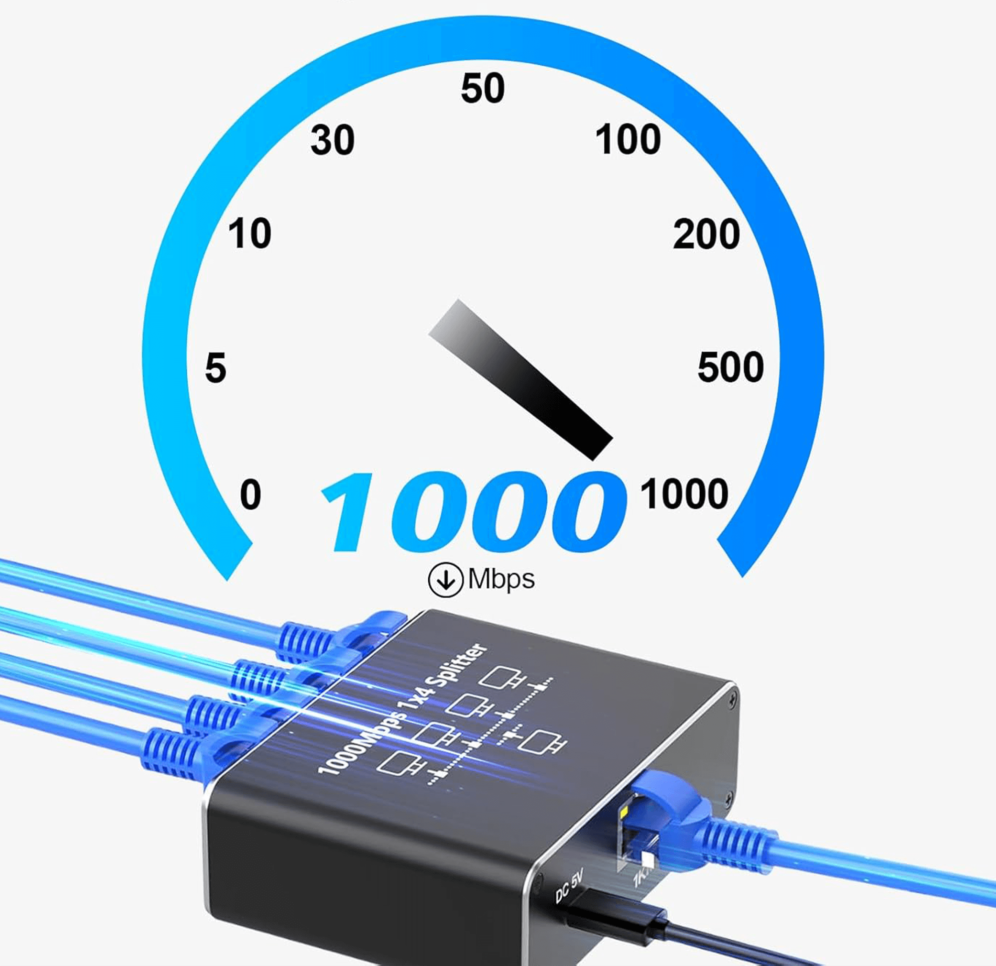 Niebiesko-czarne urządzenie rozdzielacza sieci. Posiada tarczę wskazującą Mb/s.