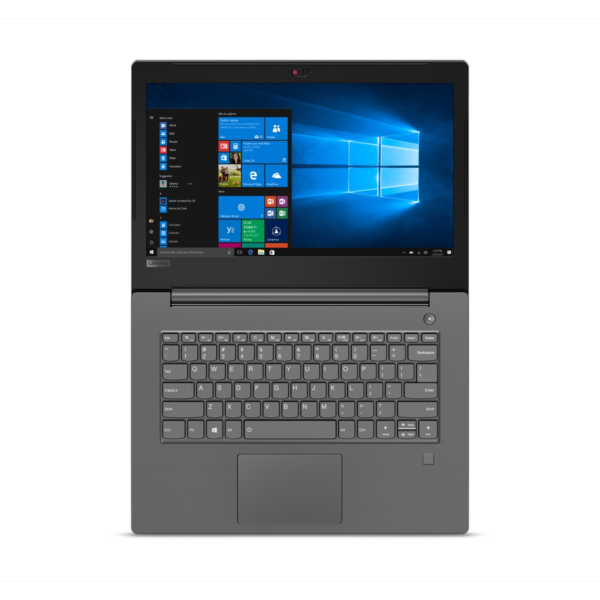 Laptop aperto, tastiera visibile, schermo mostra interfaccia Windows. Sfondo bianco.