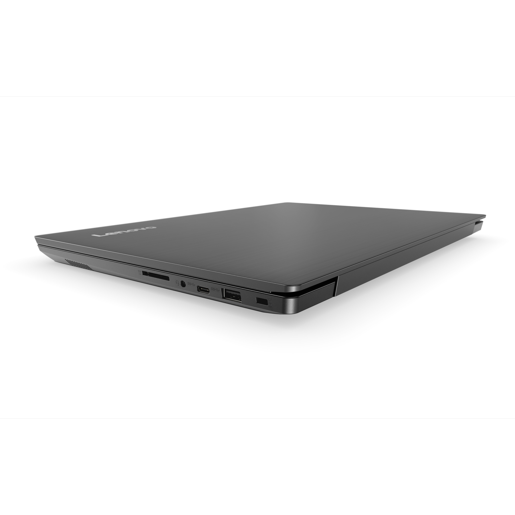 Laptop Lenovo, vista laterale. Chiuso, grigio scuro, con il logo Lenovo in alto a sinistra.