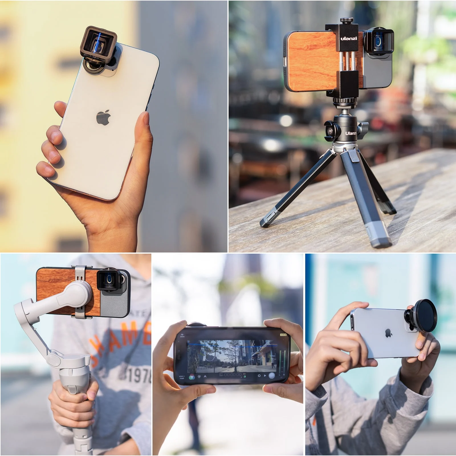 Plusieurs photos de téléphones avec des accessoires d'objectifs. Ils sont sur un trépied, un cardan et tenus à la main.