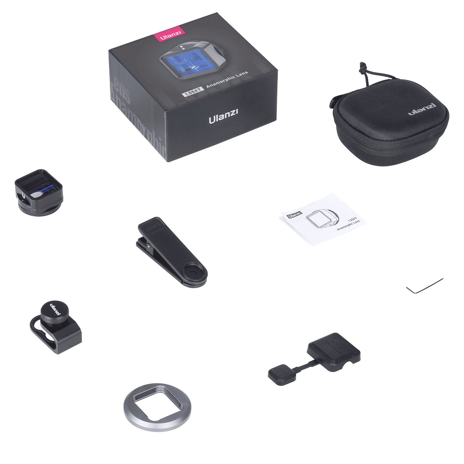 Kit d'objectifs d'appareil photo avec divers accessoires, tous disposés.