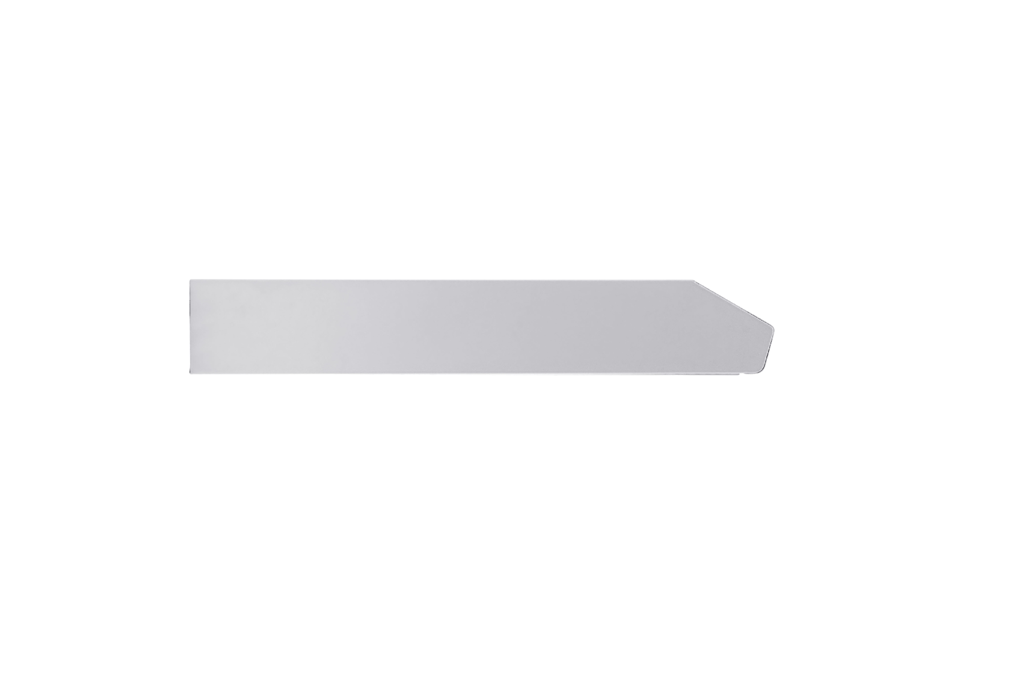 A silver metal strip, slightly angled, against a white background. It has a cut-off edge on the right.