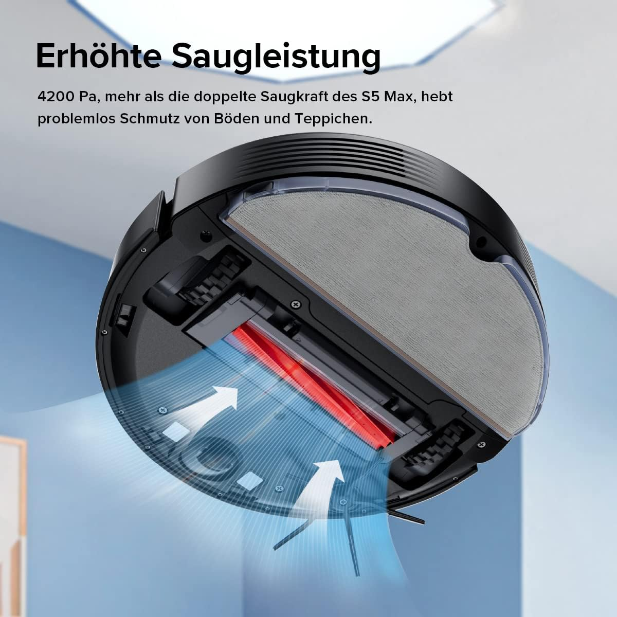 Roboter-Staubsauger von unten, Bürsten und Luftstrom. Text auf Deutsch beschreibt die Saugkraft.