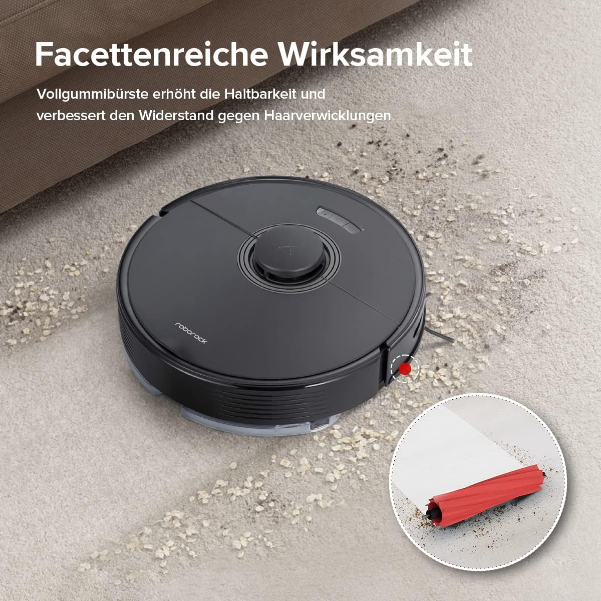 Ein schwarzer Roboter-Staubsauger auf einem Teppich, mit Text überlagert. Der Staubsauger hat eine rote Bürste.