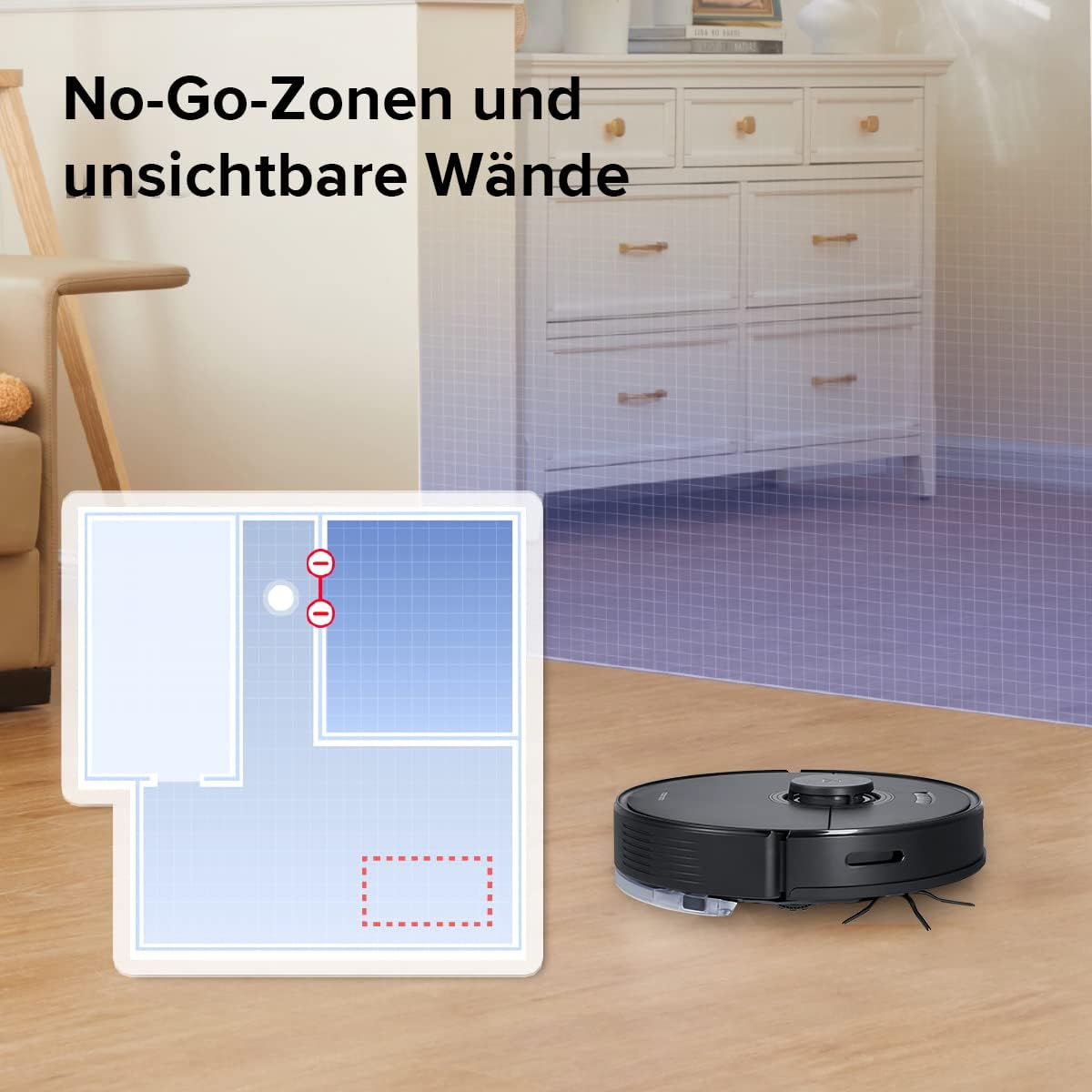 Schwarzer Roboter-Staubsauger mit Raumplan und Möbeln. Holzboden.