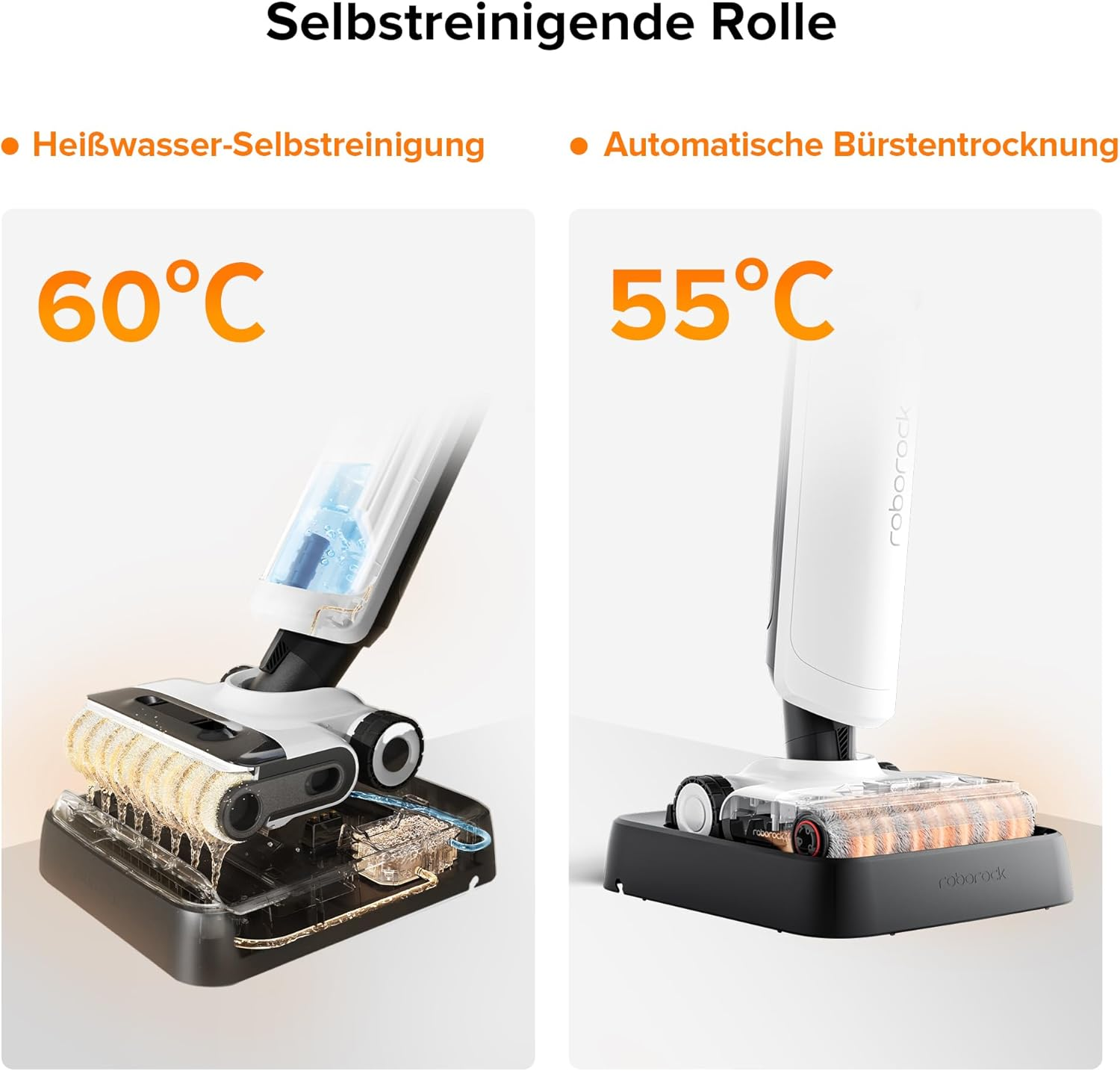 Deux images montrant des robots de nettoyage. L'une montre le nettoyage à l'eau chaude, l'autre le séchage des brosses.