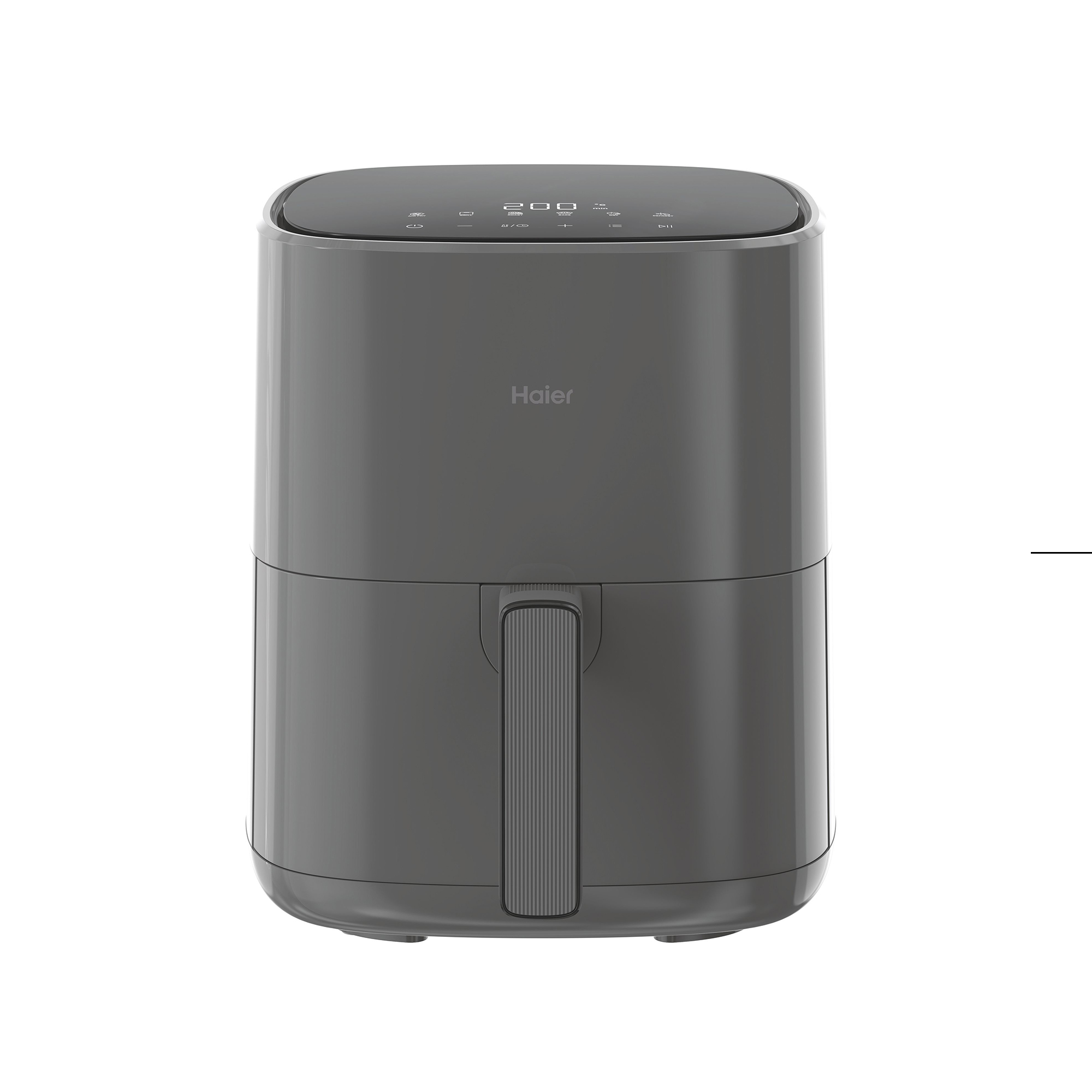 Szara frytkownica beztłuszczowa Haier, z uchwytem i panelem sterowania na górze.