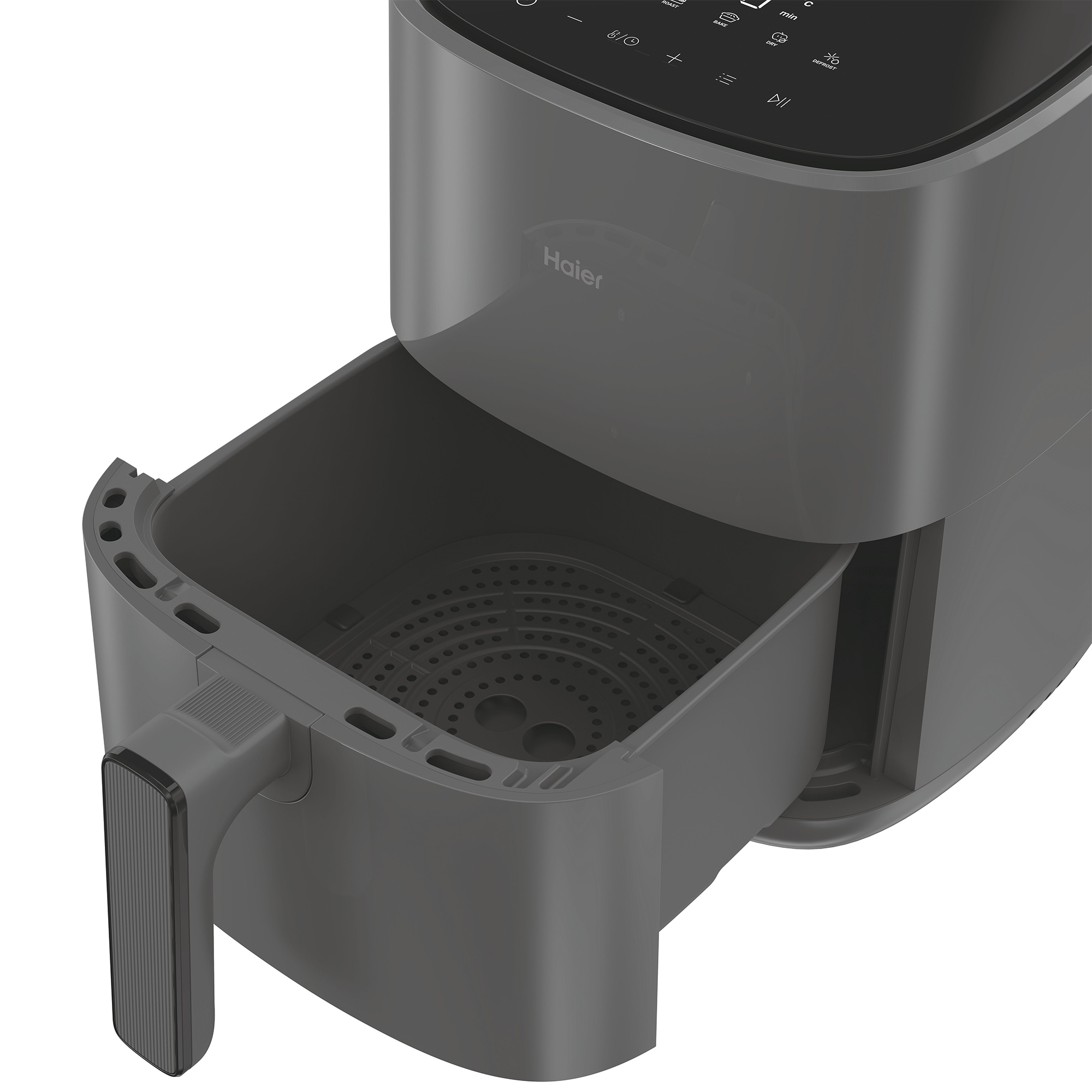 Szara frytkownica powietrzna z wysuniętym koszem. Ma uchwyt i panel sterowania na górze.