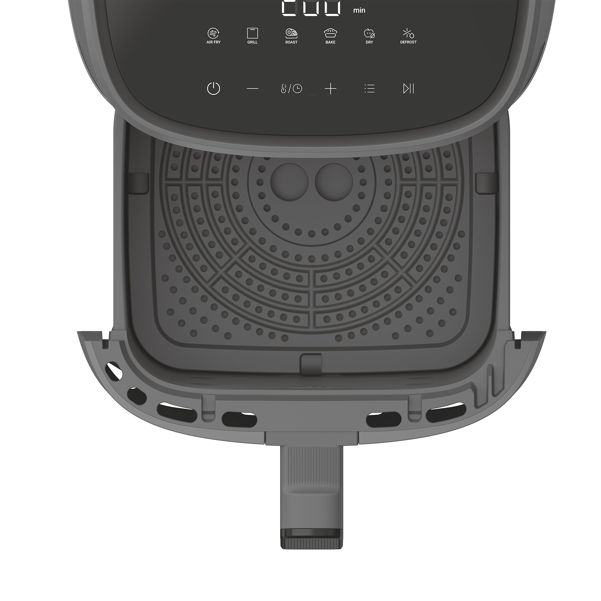 Widok z góry na ciemnoszarą frytkownicę powietrzną z panelem sterowania i otwartym koszem.