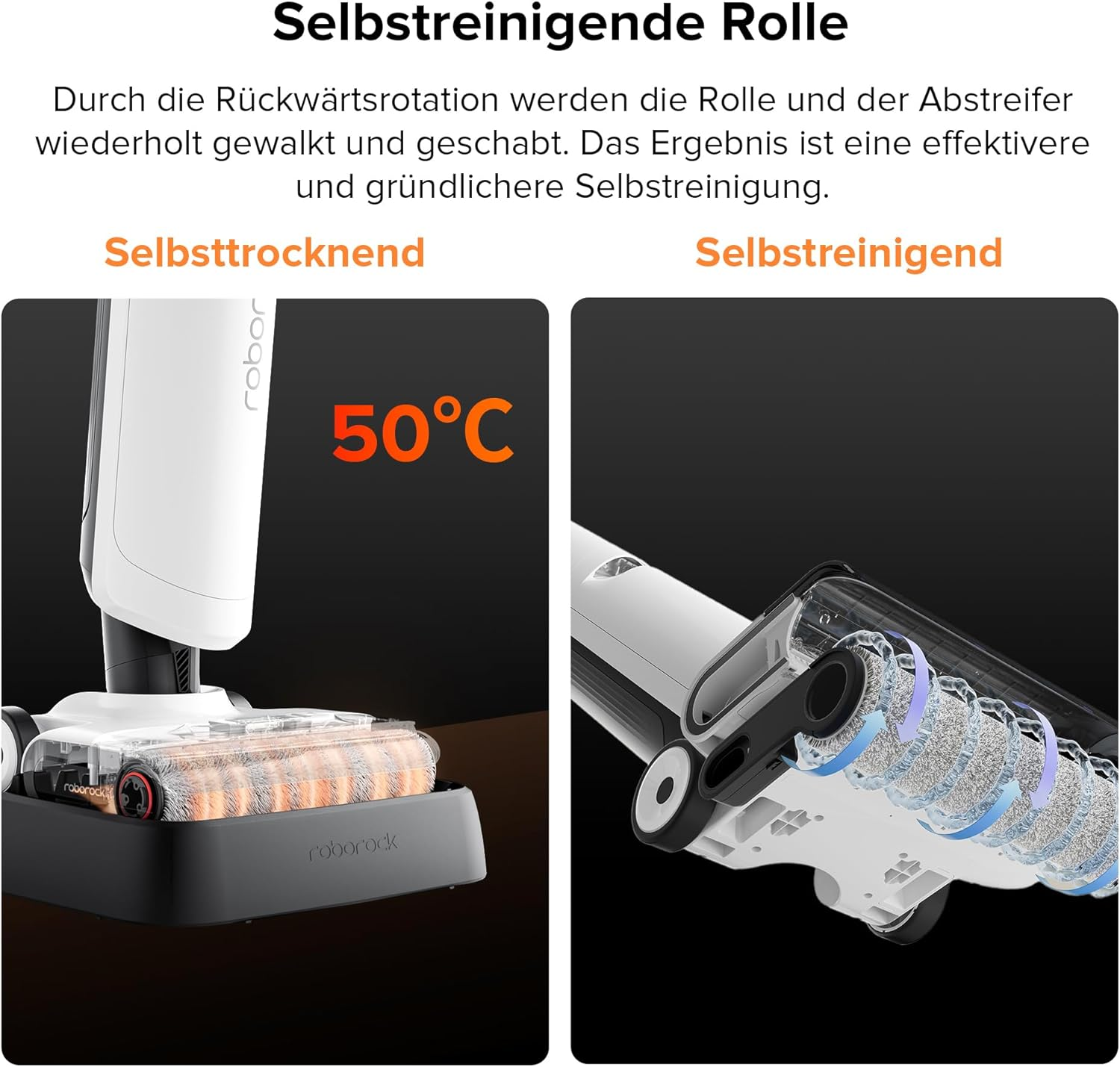 Zwei Bilder zeigen einen selbstreinigenden Roboter-Staubsauger, der seinen Reinigungsmechanismus und seine Funktionen demonstriert.
