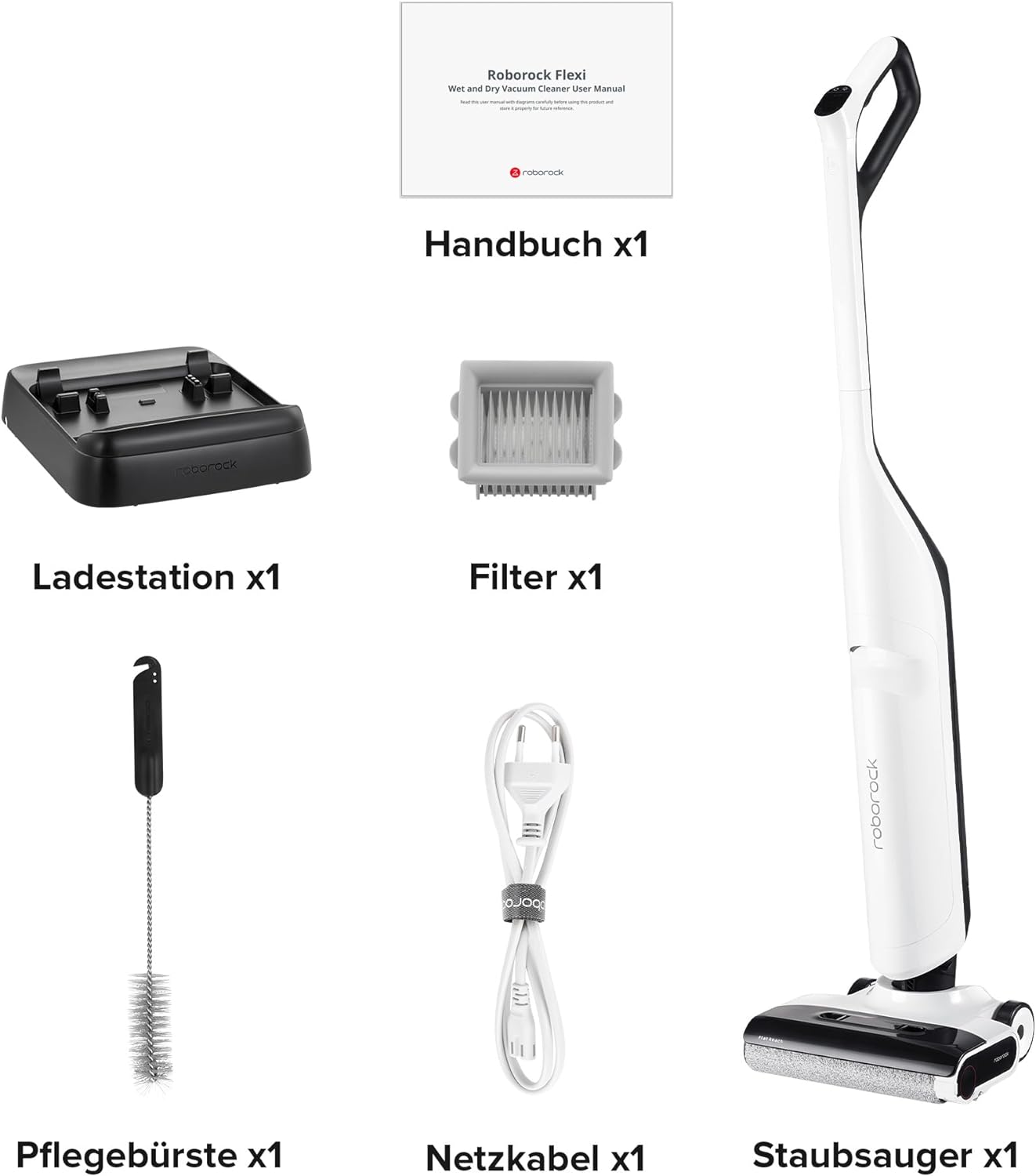 Ein Set aus Staubsauger und Zubehör: Ladegerät, Filter, Bürste, Kabel.