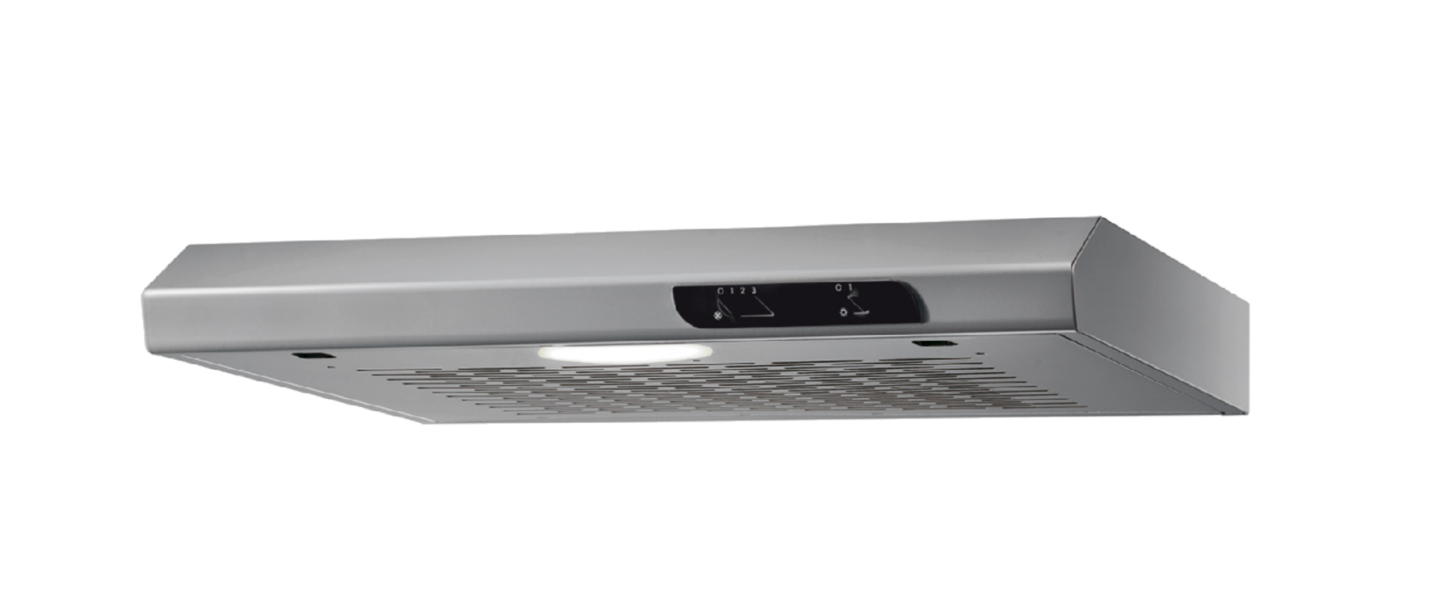 Silver range hood with controls and a light, isolated on a white background.